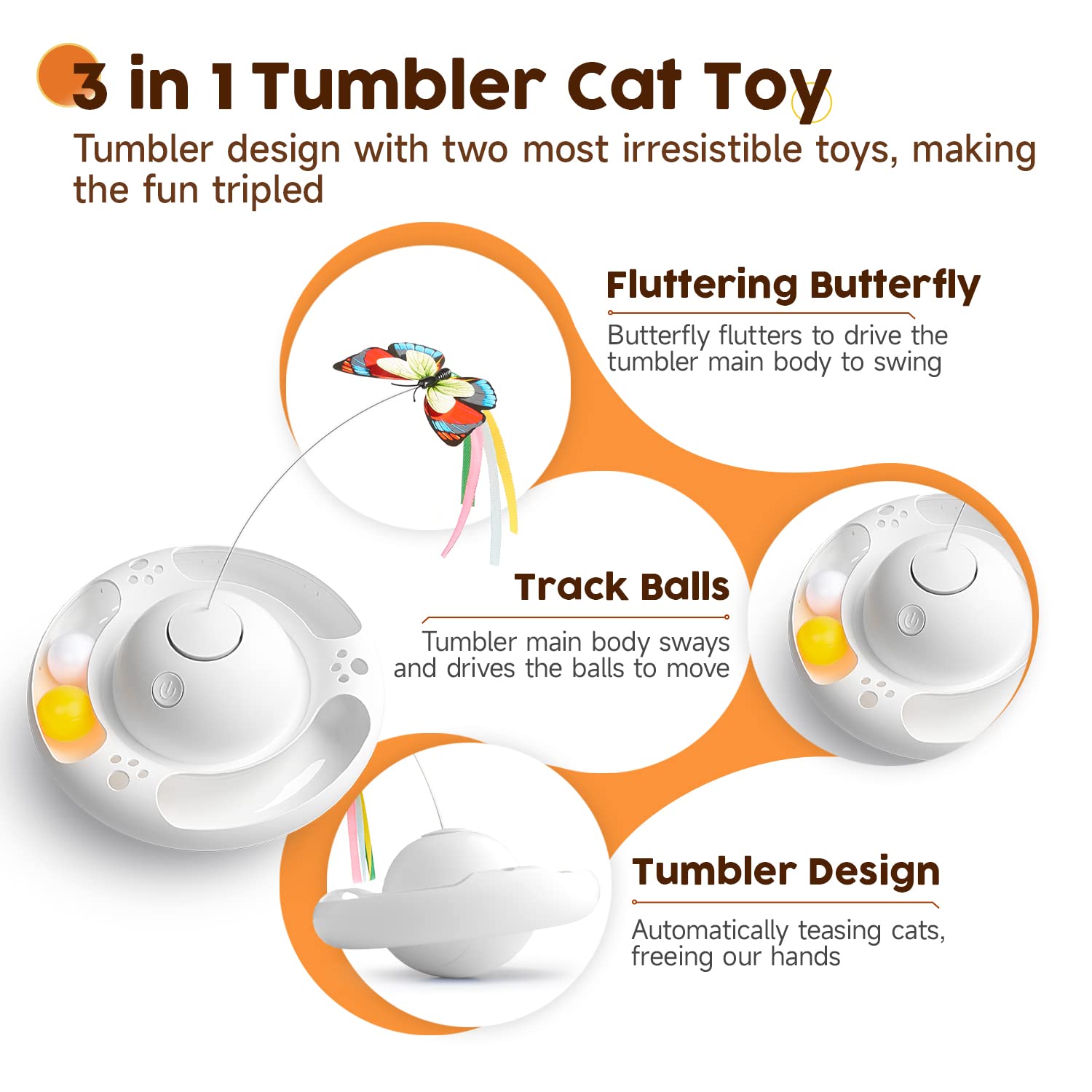 Potaroma Electric Fluttering Butterfly Cat Toy - Smart Interactive Electronic Kitten Toy with Bell Track Balls for Indoor Exercise & Play - Requires 3 AA Batteries (Bright White) - Perfect for Stimulating Playtime & Keeping Cats Active