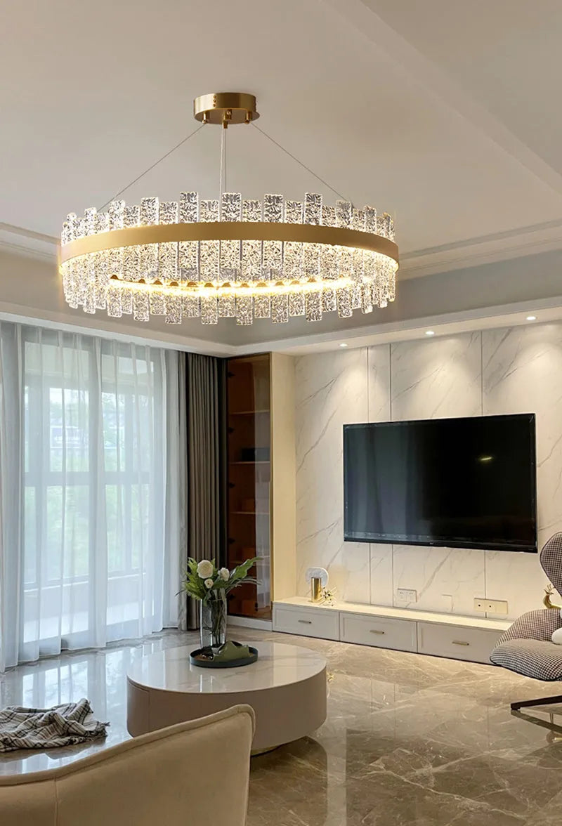 Modern Round Crystal Chandelier - Elegant Flake Design for Dining Room, Living Room & Bedroom Lighting | Dimmable LED Ceiling Light Fixture