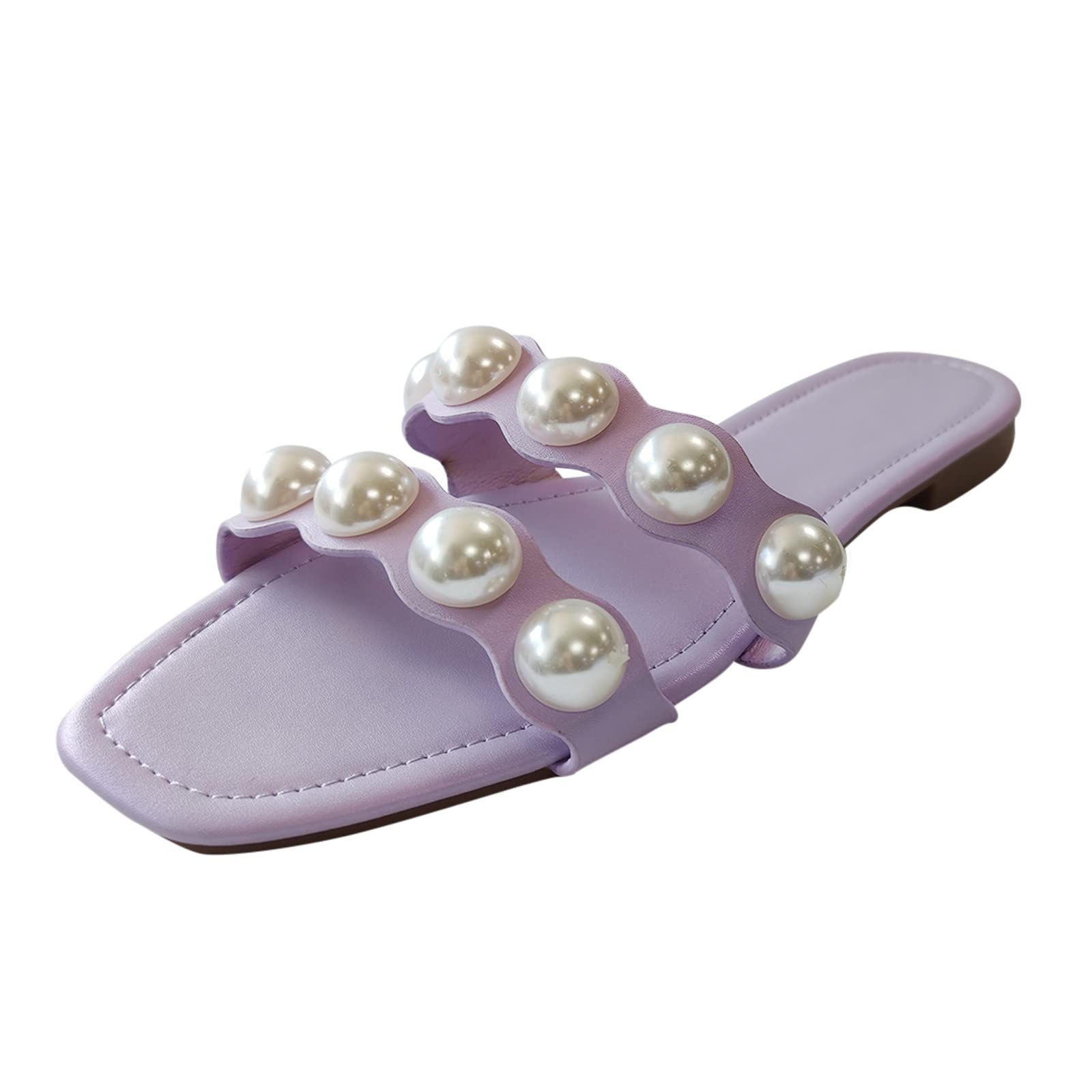 Women's Comfortable Brown Pearl Flat Sandals - Open Toe Summer Slides with Soft Bottom for Casual Wear & Beach Outings (Purple, Size 7.5)
