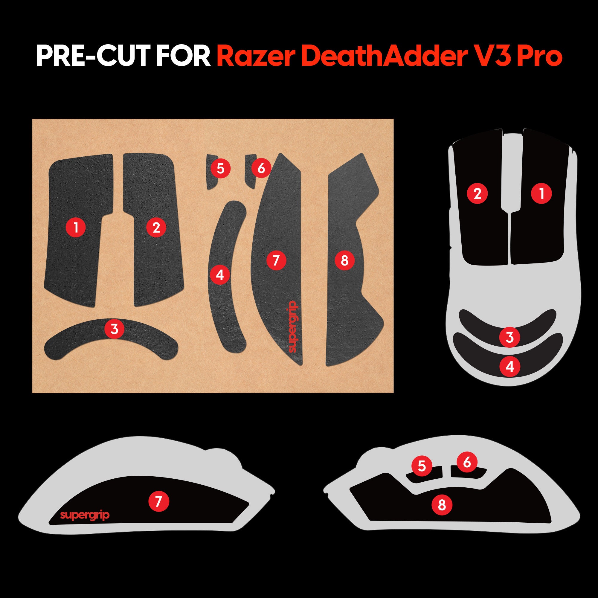 Pulsar Supergrip Grip Tape for Razer Deathadder V3 Pro - Enhanced Grip for Gaming Mice - Perfect for Esports, FPS, and Competitive Gaming
