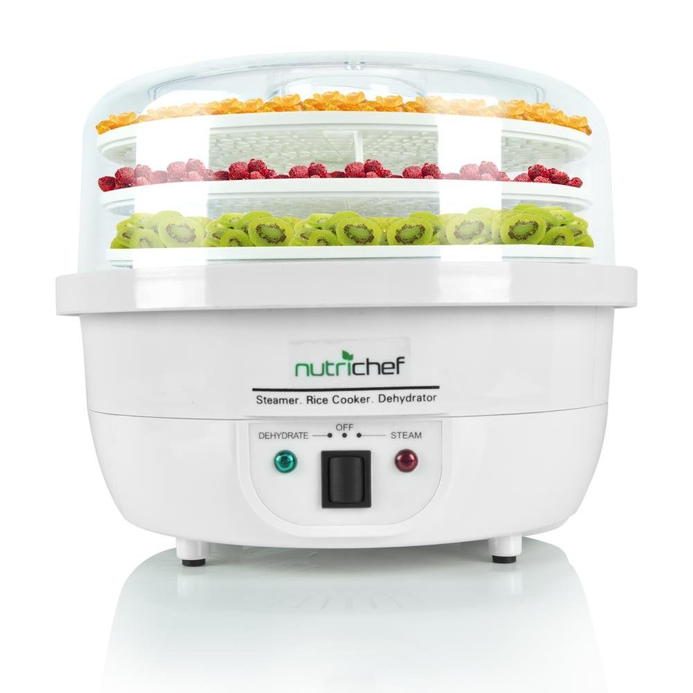 NutriChef 10-Tray Electric Food Dehydrator & Steamer - Professional Meat Dryer, Beef Jerky Maker, Fruit & Vegetable Dryer, Rice Cooker with Stackable Trays | Perfect for Home Kitchen, Camping & Healthy Snack Preparation (PKFDSRC10WT, White)