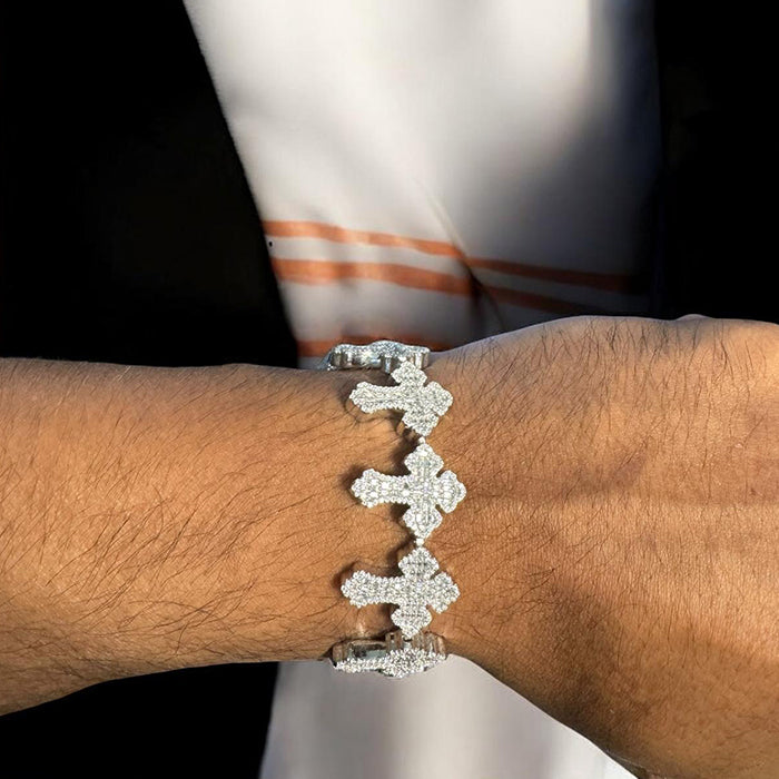 Moissanite Cross Link Bracelet for Men - 925 Sterling Silver & 14K Gold Plated - Elegant Religious Jewelry Gift for Him - Perfect for Church, Weddings & Special Occasions