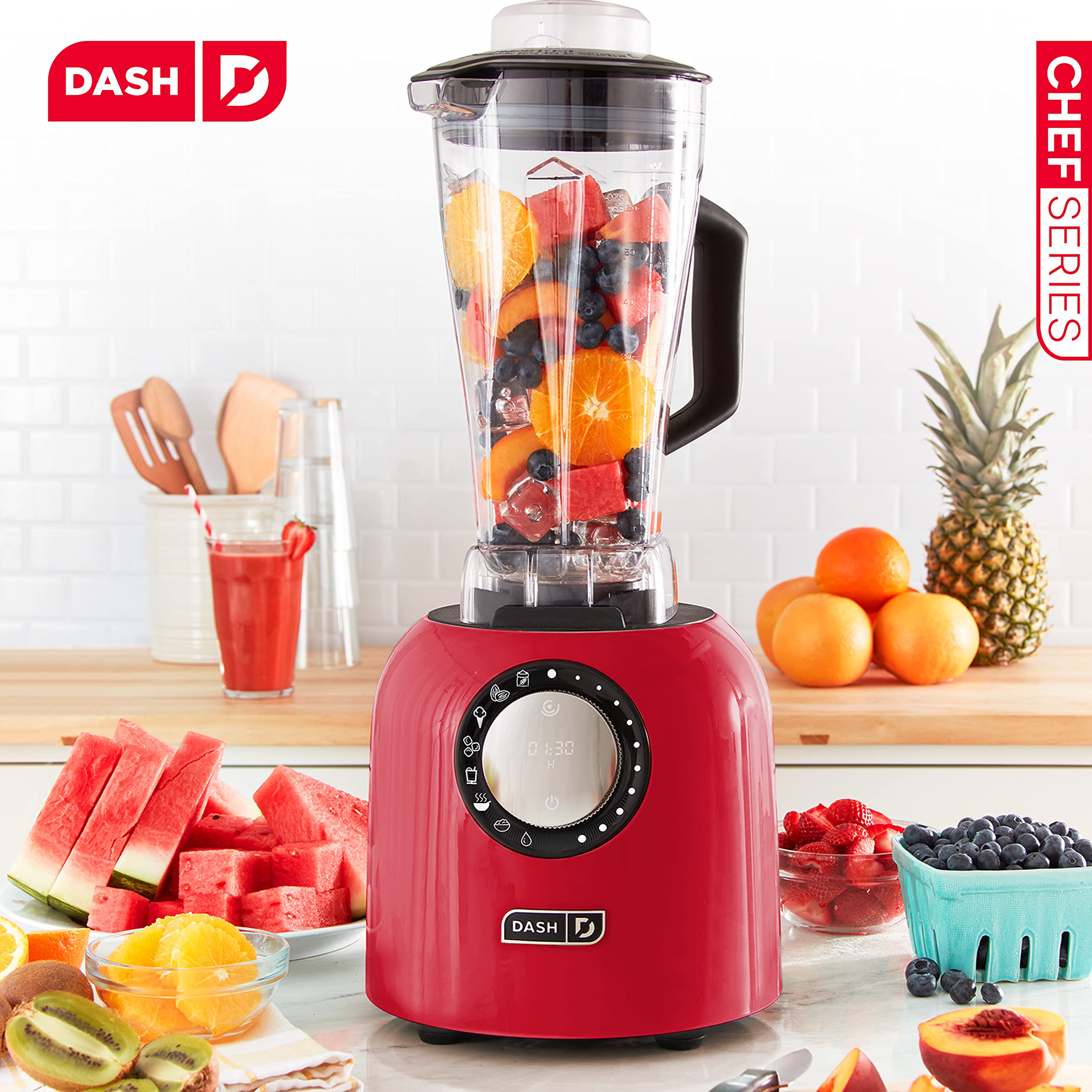Dash Chef Series Deluxe Digital 64 oz Countertop Blender with Stainless Steel Blades & Tritan Jug - Smart Blender with Tablet Stand & USB Port for Smoothies, Soups, Nut Butters - Perfect for Kitchens, Restaurants & Healthy Lifestyles (Red)
