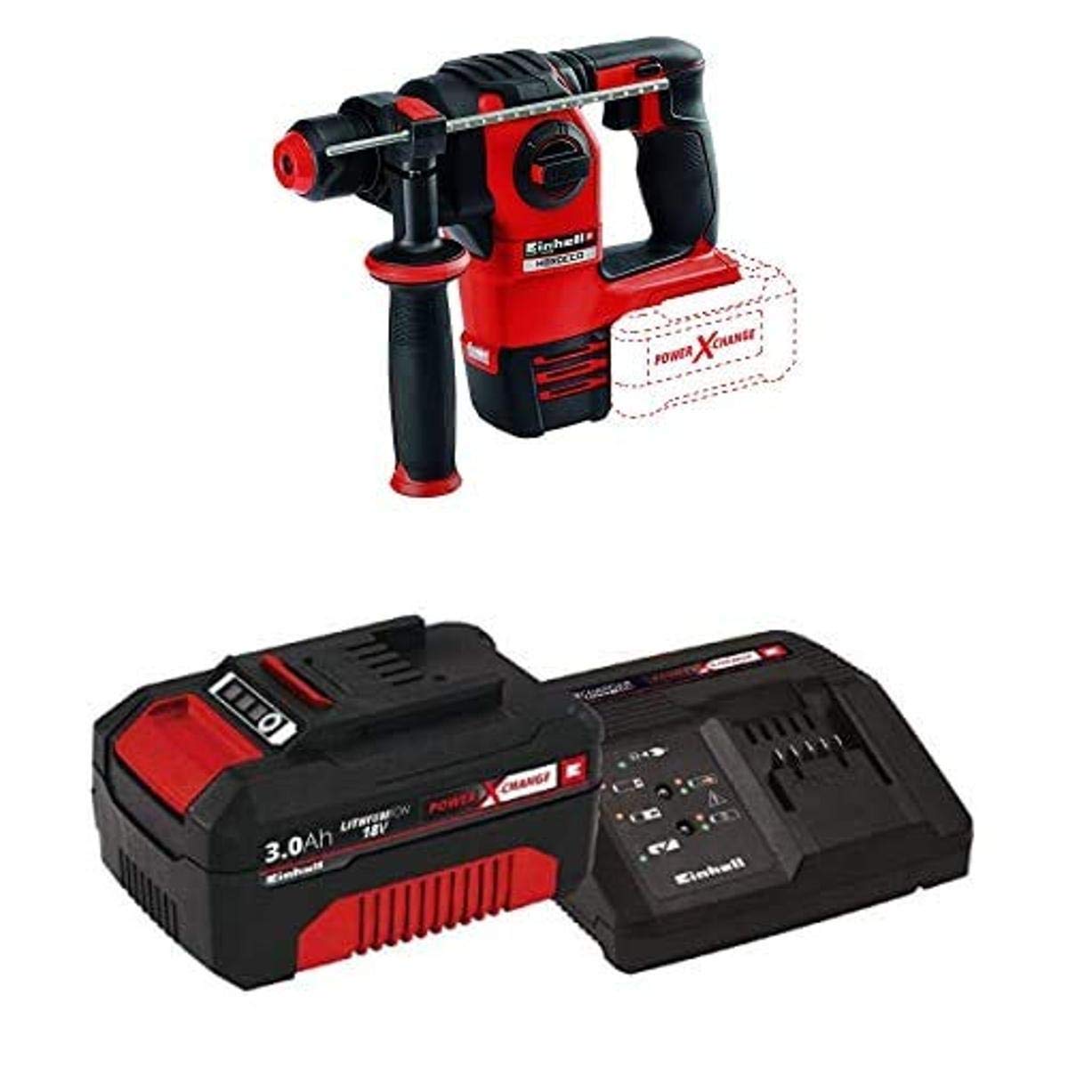 Einhell Herocco Power X-Change 18V Cordless Brushless Rotary Hammer Drill - 3/4 Inch SDS-Plus, 1200 RPM, 2.2J Impact Energy, 4 Functions with Chisel Mode - Includes 3.0Ah Battery & Fast Charger - Perfect for Concrete Drilling, Demolition Work, and Masonry Projects