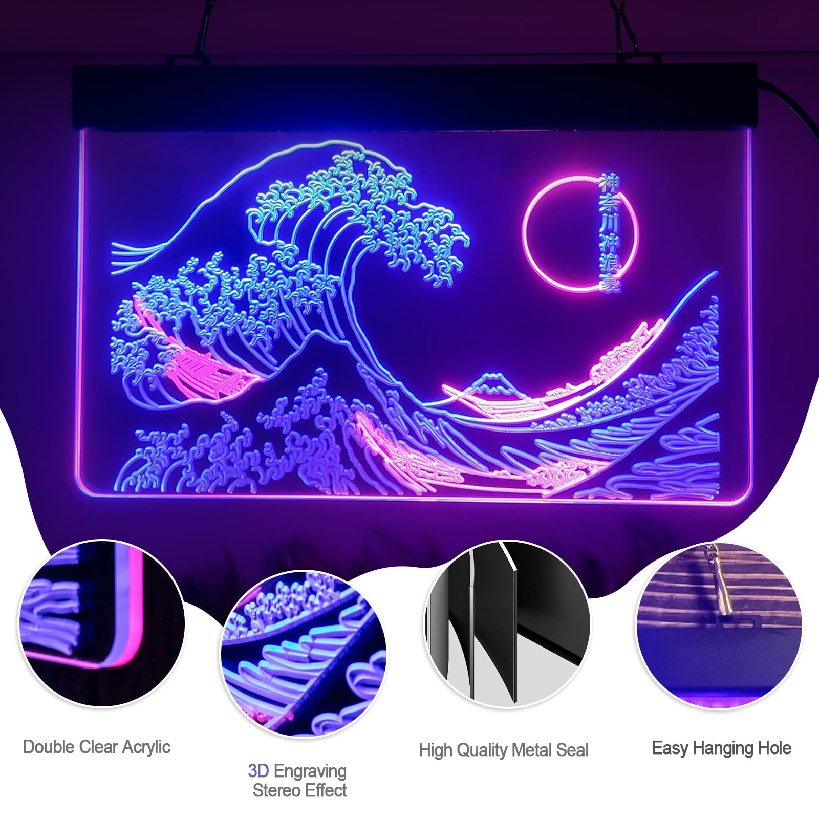 The Great Wave Off Kanagawa LED Neon Sign - 24x16 Inch Japanese Ukiyoe Wall Art Decor | Katsushika Hokusai Inspired Blue & Pink Neon Light for Living Room, Bedroom, Bar & Office Decoration