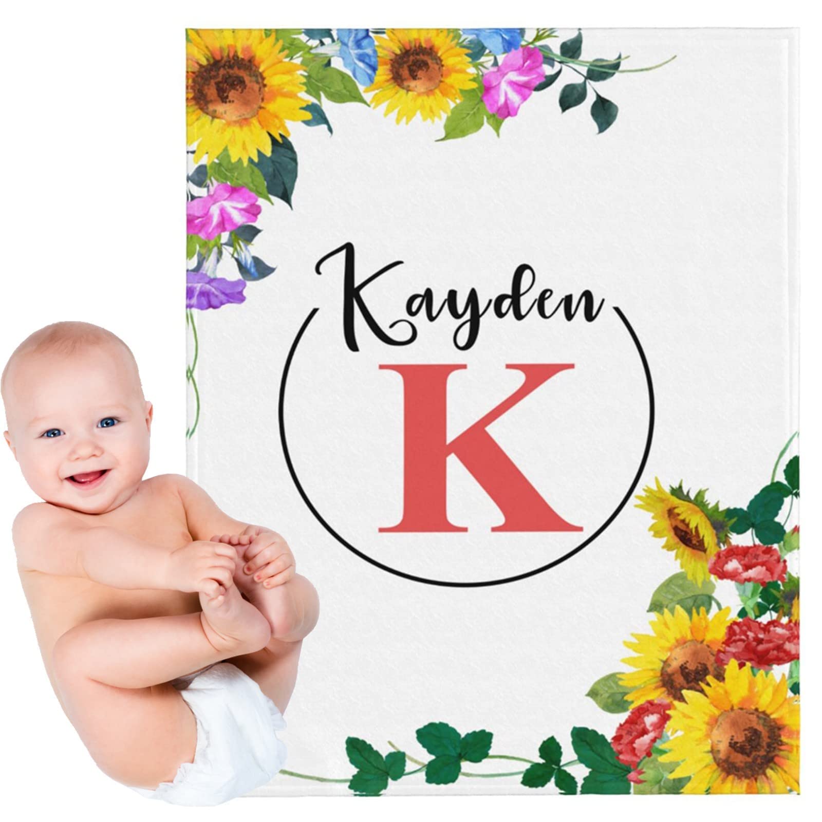 Personalized Baby Blankets with Name - Soft Monogrammed Swaddling Blankets for Newborn Boys & Girls - Custom Baby Shower Gift - Perfect for Nursery, Photo Shoots & Travel - Sunflower Design