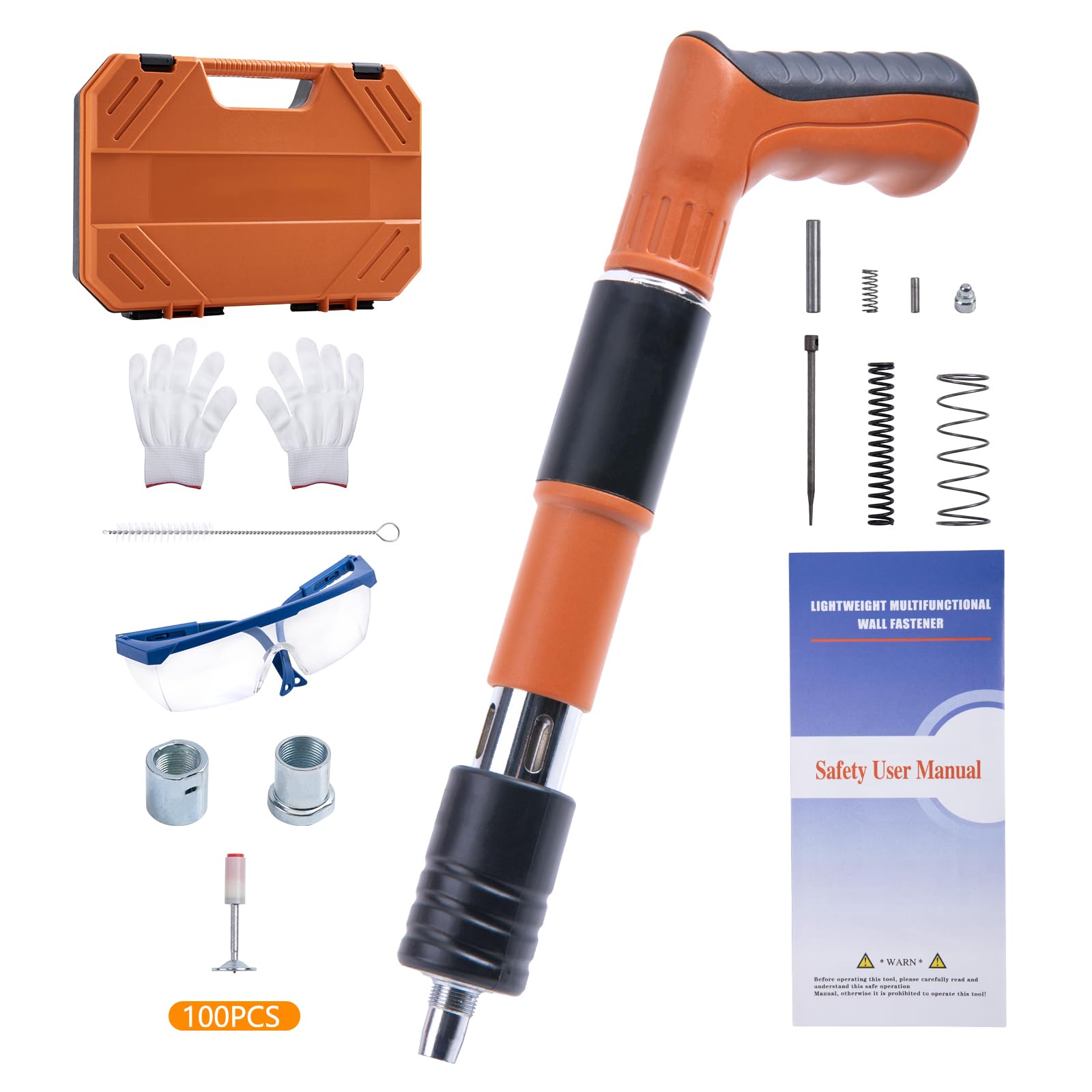 Heavy Duty Steel Nail Gun with Adjustable Power - 100Pcs Concrete Nails Included for Walls, Ceilings & Woodworking - Perfect for Home DIY Projects, Construction & Renovation (Model T00604)