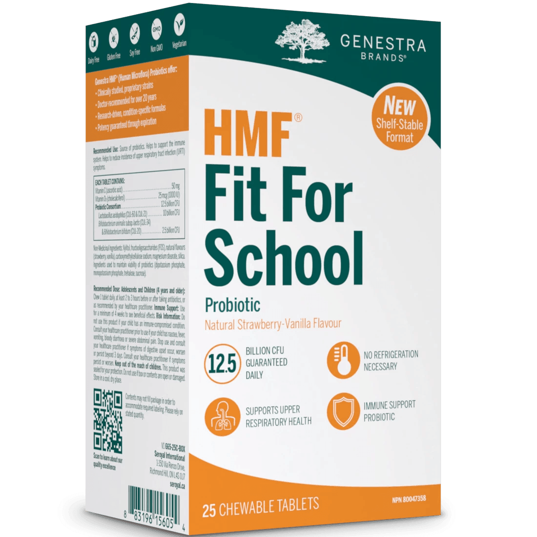 Genestra HMF Fit For School Probiotic - 12.5 Billion CFU, Natural Strawberry Vanilla Flavor, 25 Chewable Tablets - Supports Kids' Digestive Health & Immune System - Perfect for School Lunchboxes & Travel