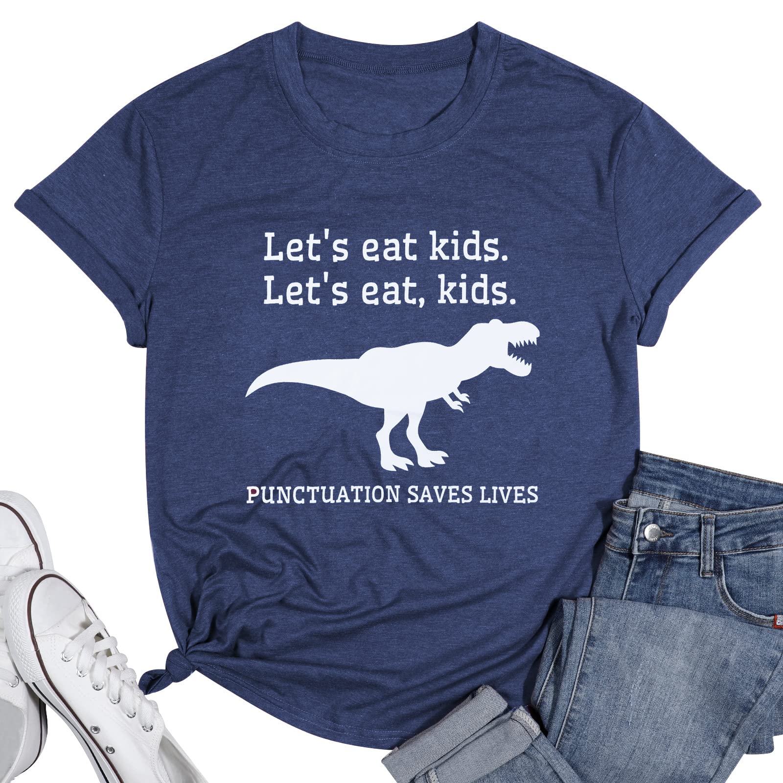 Funny Teacher T-Shirt for Women - 'Let's Eat Kids' Dinosaur Graphic Tee | Grammar Humor Shirt | Perfect Teacher Gift & Casual Wear for School, Classroom & Everyday Outfits