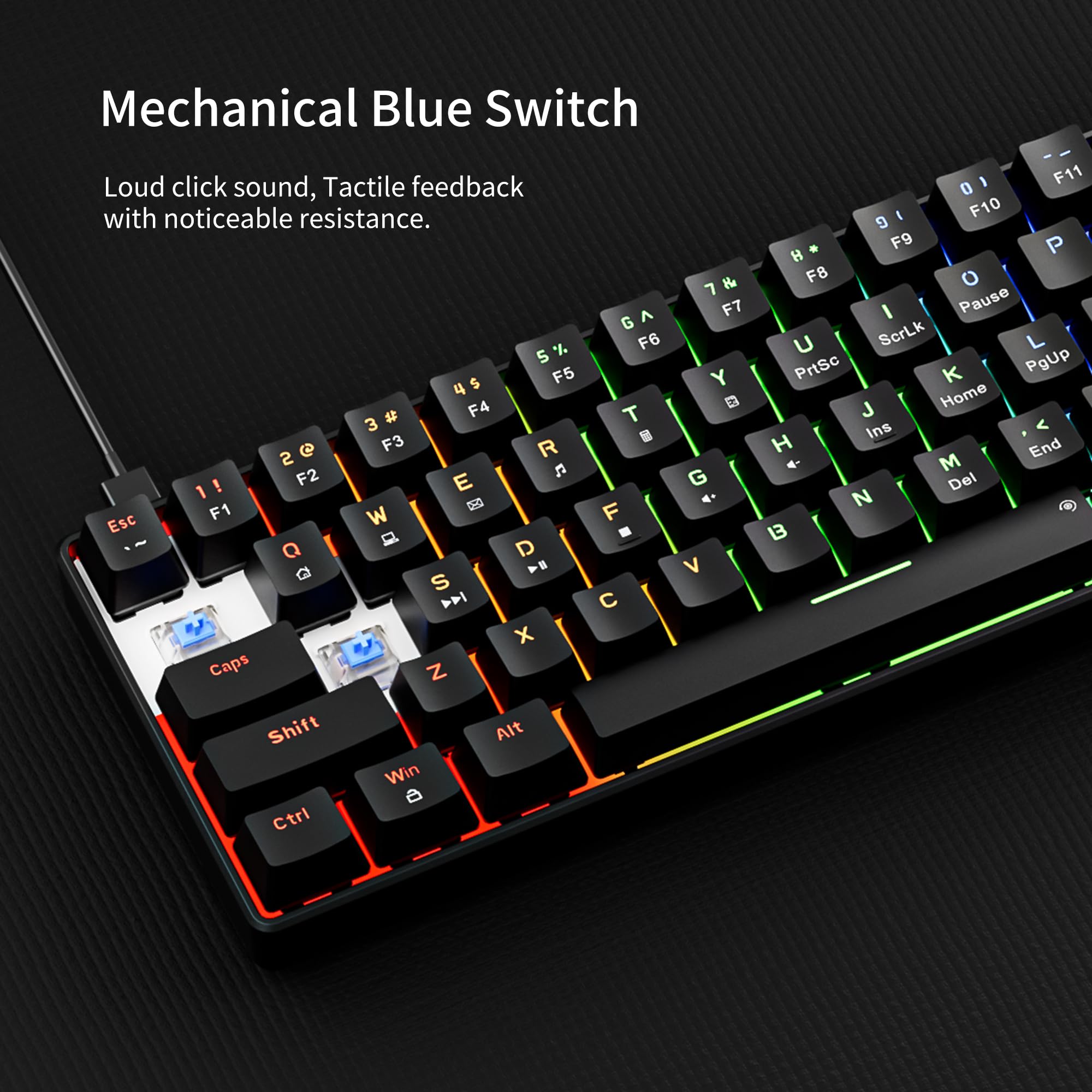 Newmen GM611 60% Mechanical Keyboard - Rainbow LED Backlit, Compact 61 Keys for Gaming & Office (Black/Blue Switch)