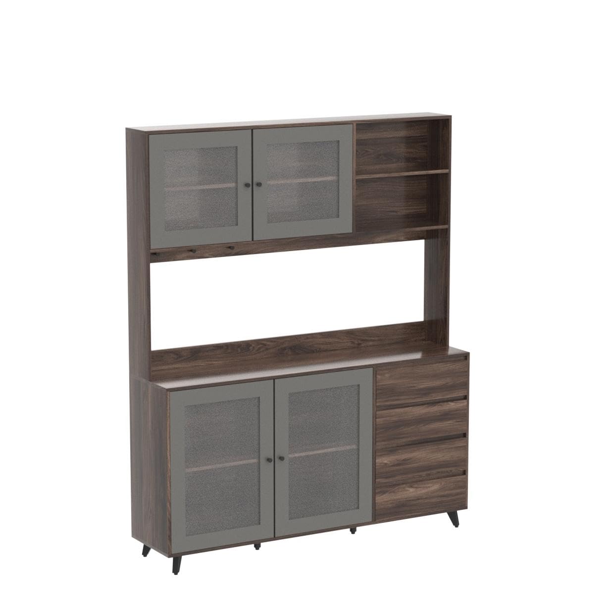 Freestanding Kitchen Pantry Cabinet with Glass Doors, Shelves & Drawers - Modern Wood Buffet Sideboard with Hutch & Hooks - Dark Brown Storage Cupboard for Dining Room, Living Room & Kitchen Organization