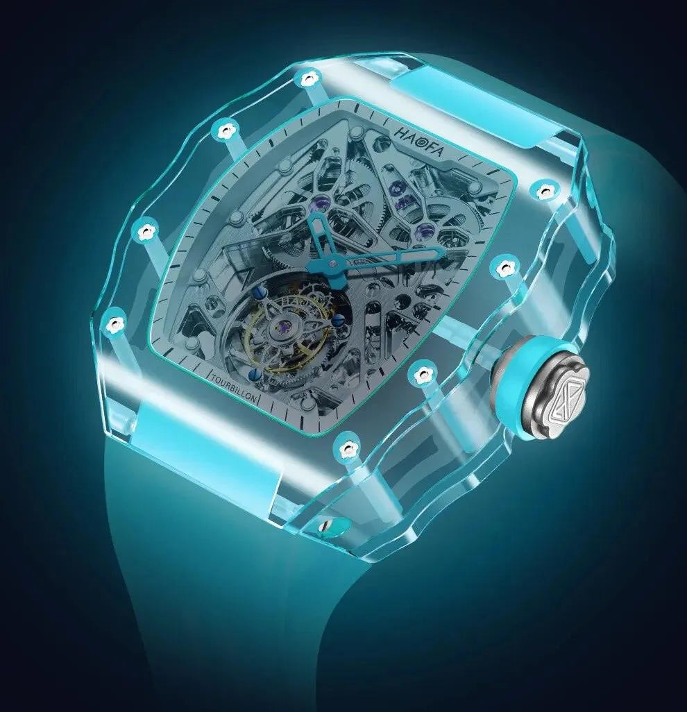 Haofa Luxury Men's Flying Tourbillon Watch - Crystal Clear Transparent Skeleton Design, Waterproof, Luminous, Automatic Mechanical Movement (Model 2201) - Perfect for Business, Formal Events & Luxury Gift Giving