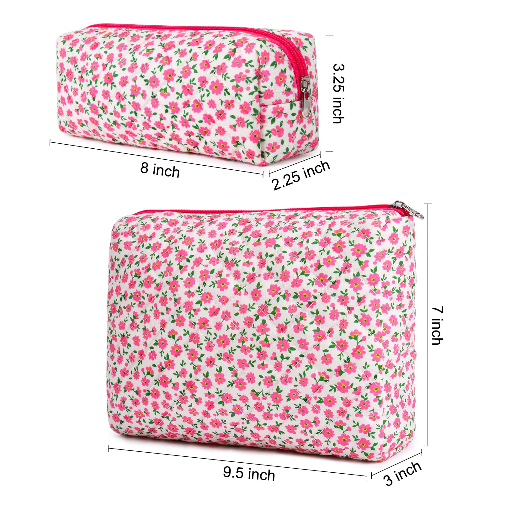 2 Pack Floral Quilted Makeup Bags for Women - Large Cotton Cosmetic Pouch, Travel Toiletry Organizer, Cute Aesthetic Puffer Bag for Girls (Perfect for Travel, Gym, Daily Use & Gift)