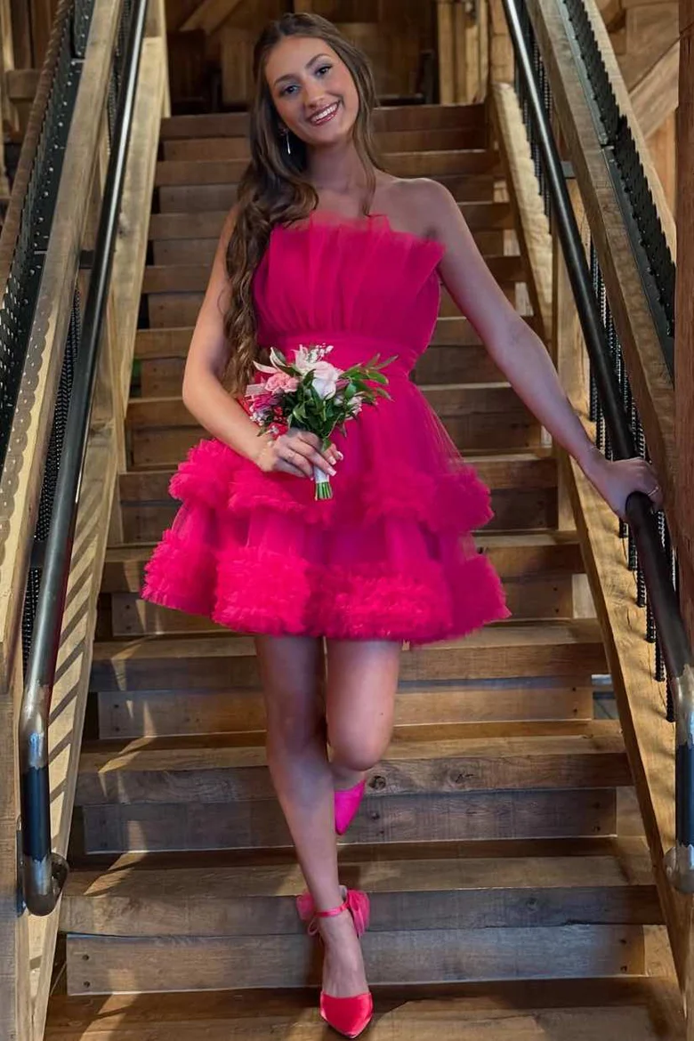 A-Line Strapless Ruffled Tulle Short Homecoming Dress J6982 - Perfect for Prom, Party & Special Occasions