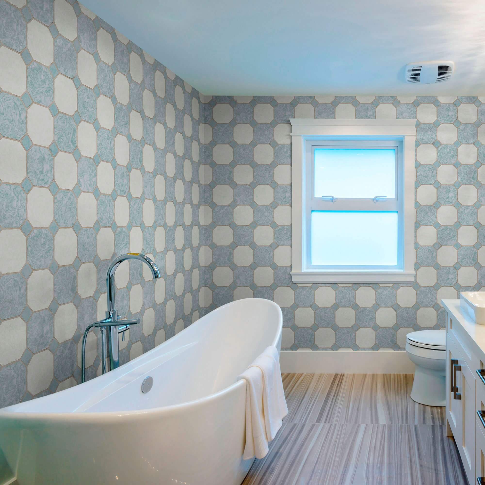 Beige and Blue Tile Pattern Peel and Stick Removable Wallpaper - Self-Adhesive Wall Tile Decals for Kitchen Backsplash, Bathroom, and Home Decor