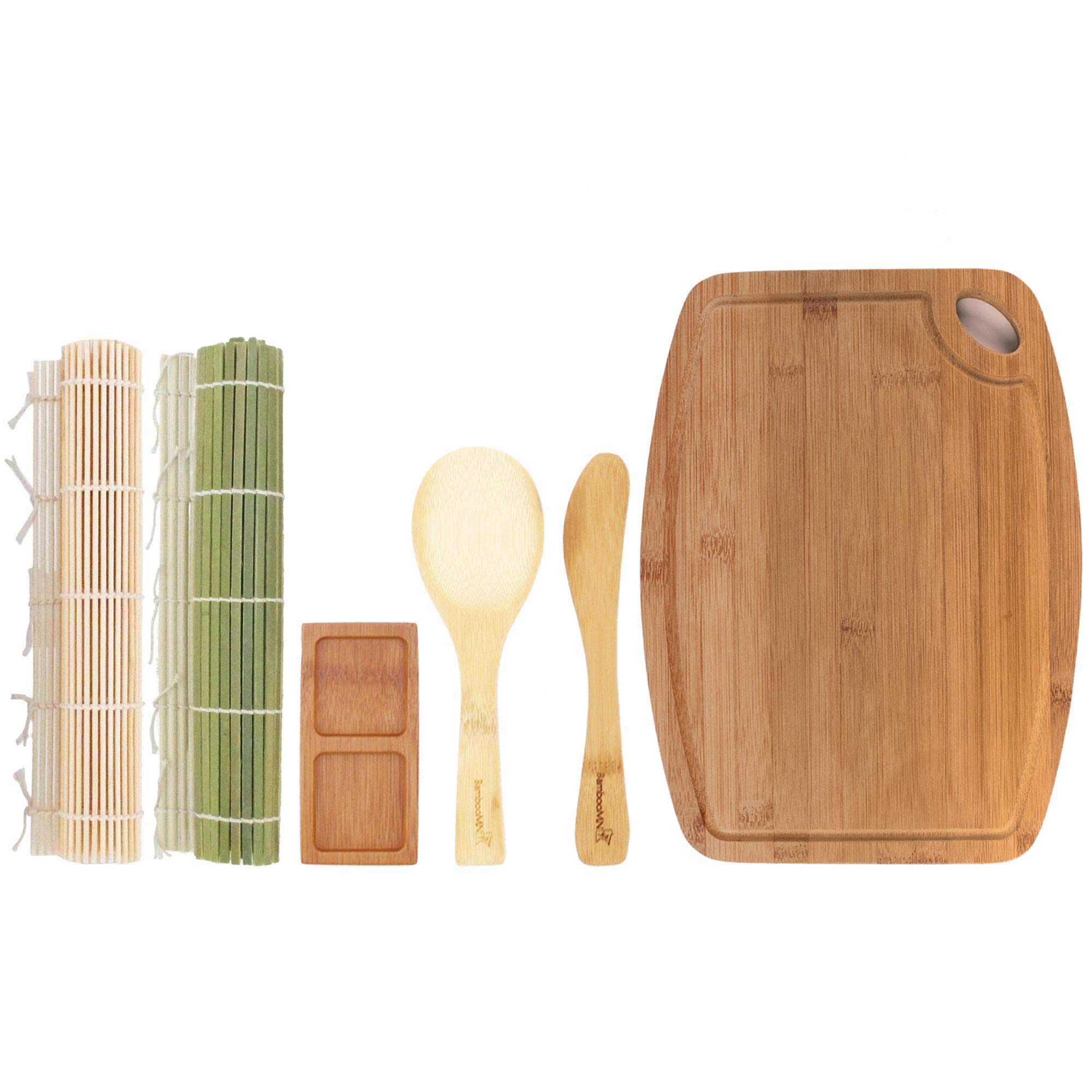 BambooMN Sushi Maker Kit - Eco-Friendly Bamboo Sushi Rolling Mats, Rice Paddle, Spreader, Sauce Dish & Cutting Board Set | Perfect for Home Sushi Making, Party Platters & Japanese Cuisine Lovers
