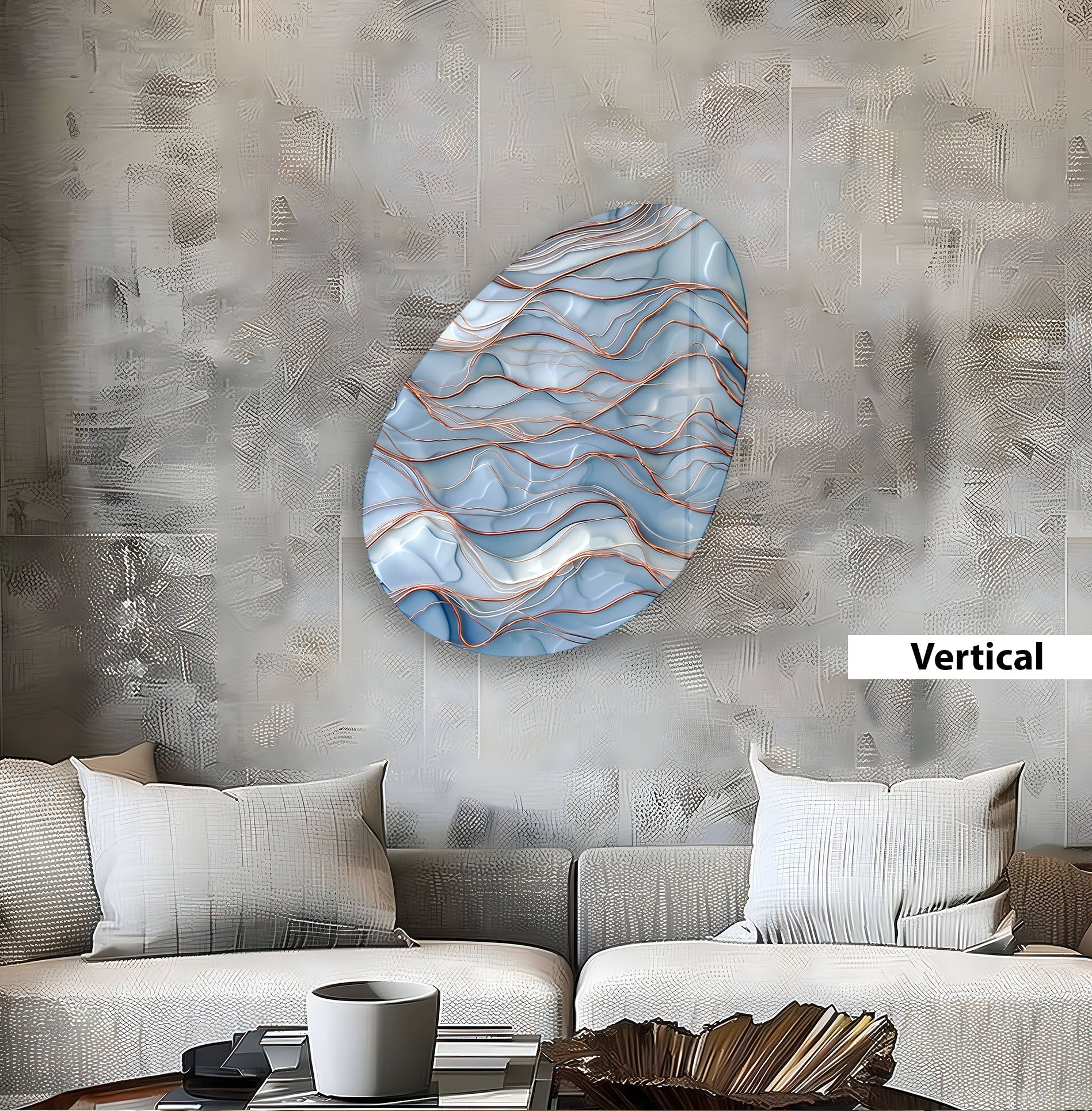 Abstract Blue Waves Oval Glass Wall Art - Modern Ocean Themed Home Decor for Living Room, Bedroom & Office