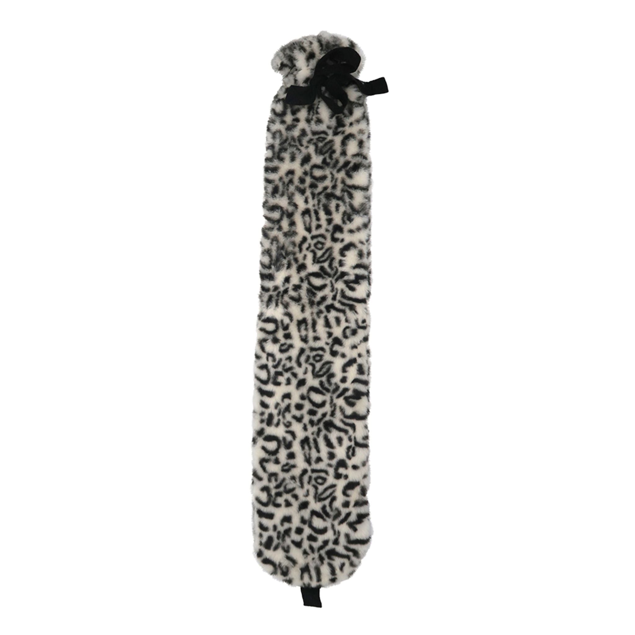 2L Long Hot Water Bottle with Soft Snow Leopard Faux Fur Cover & Ribbon Tie - Perfect for Winter Warmth, Period Pain Relief & Cozy Nights in Bed
