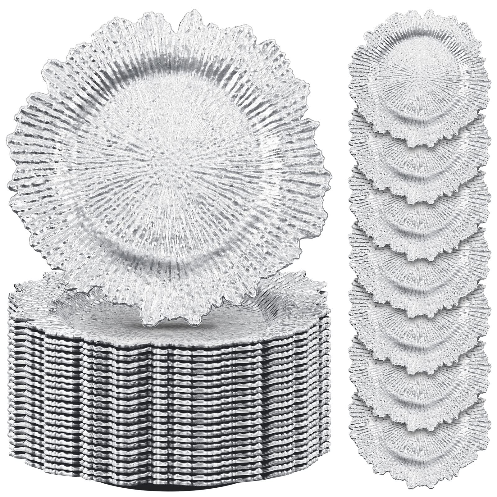 50 Pcs 13 Inch Silver Floral Reef Design Plastic Charger Plates - Round Ruffled Rim Dinner Plates for Wedding, Party & Event Table Decor - Elegant Table Setting for Fine Dining & Special Occasions