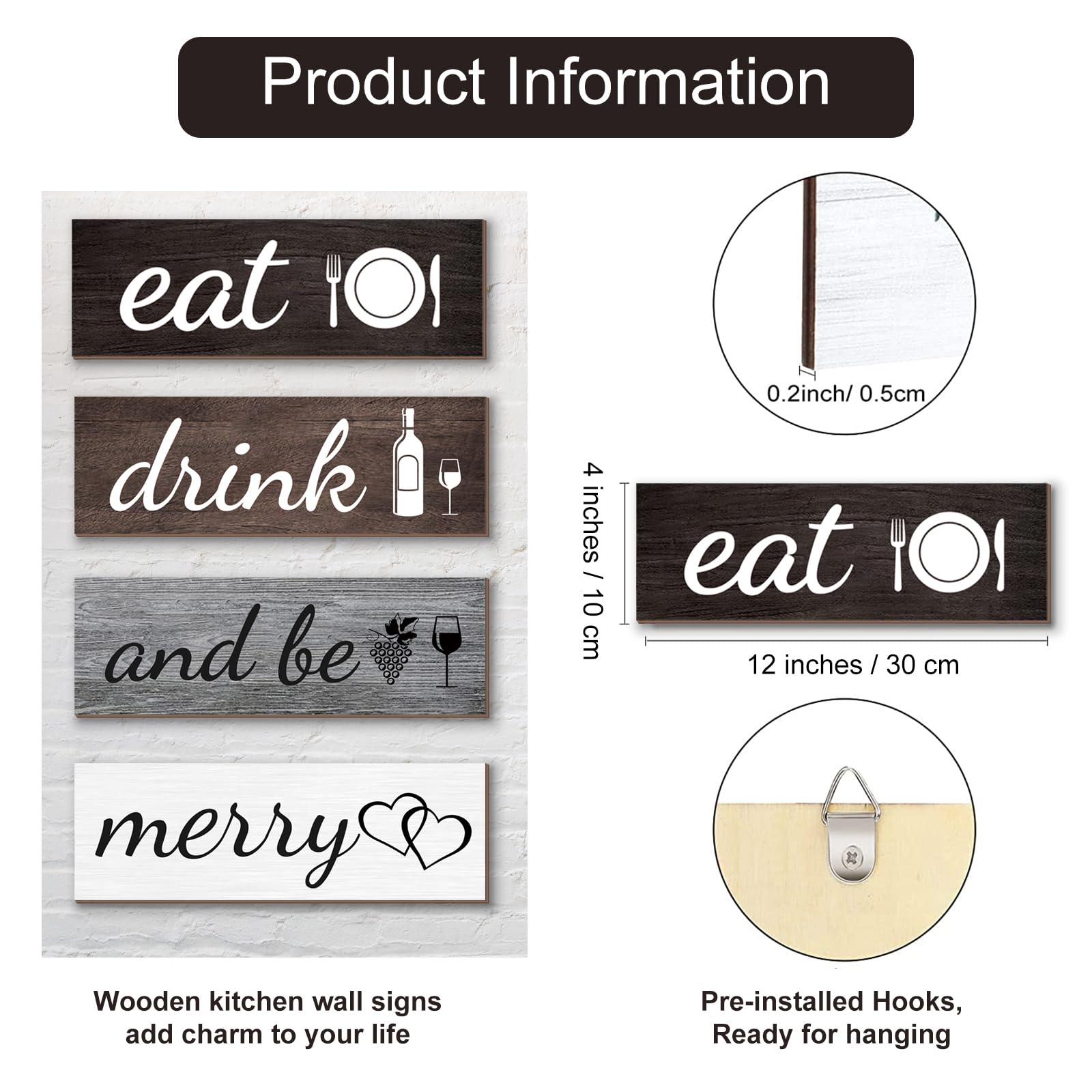 Joyhawk 4-Piece Rustic Farmhouse Kitchen Decor Set - Wooden 'Eat' & 'Drink and Be Merry' Wall Art Signs for Dining Room & Home - Perfect for Country Style Kitchens, Restaurants, and Farmhouse Themed Weddings