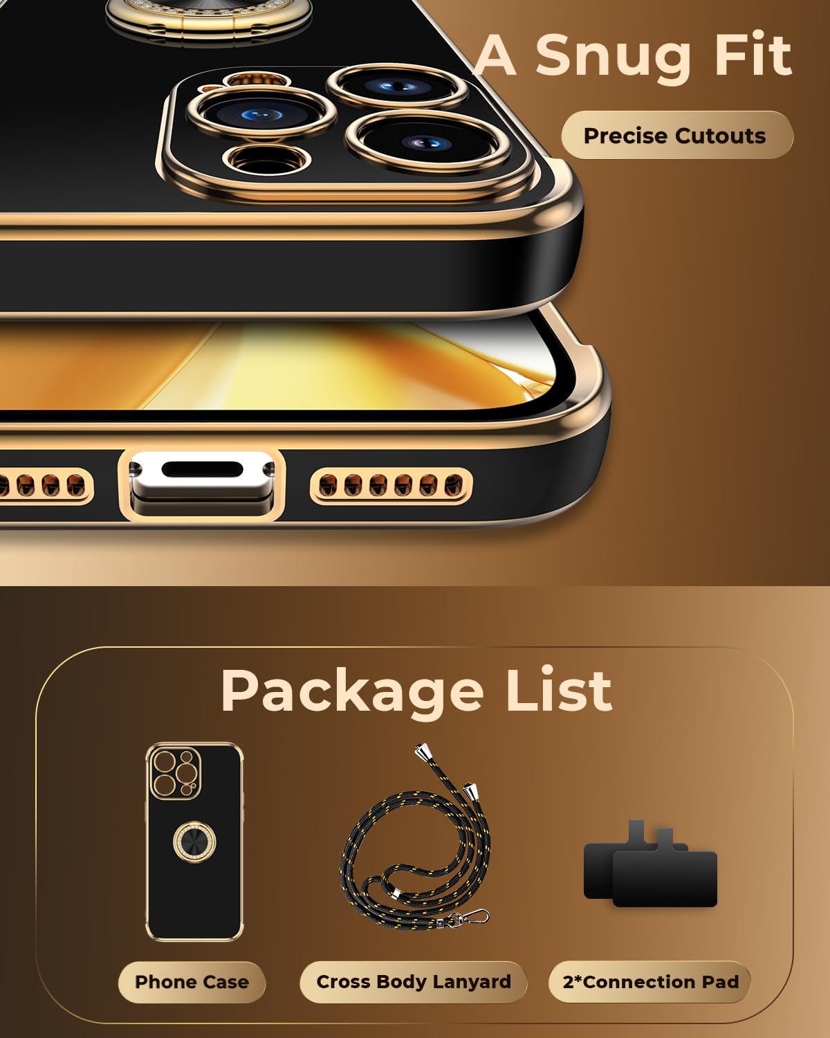 Premium Luxury Electroplated iPhone 15 Pro Case with Ring Holder Stand & Lanyard - Soft TPU Shockproof Protective Cover for Women & Girls (Black) | Perfect for Work, Travel, and Everyday Use