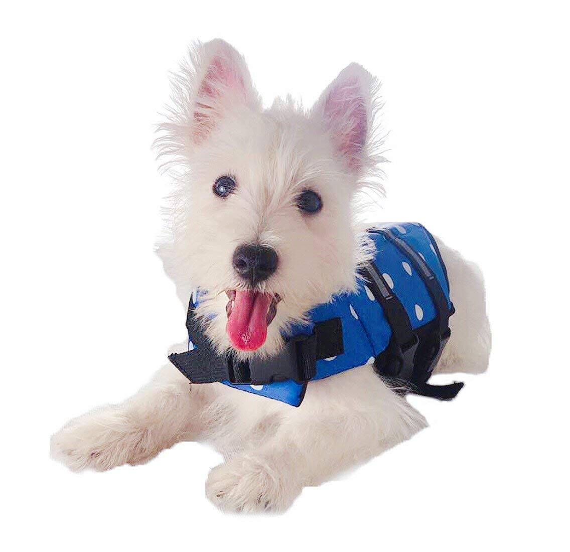 GabeFish Dog Life Jacket - X-Large Pet Swim Vest with Safety Harness & Reflective Strips for Swimming, Boating & Water Safety | Blue Dots Design