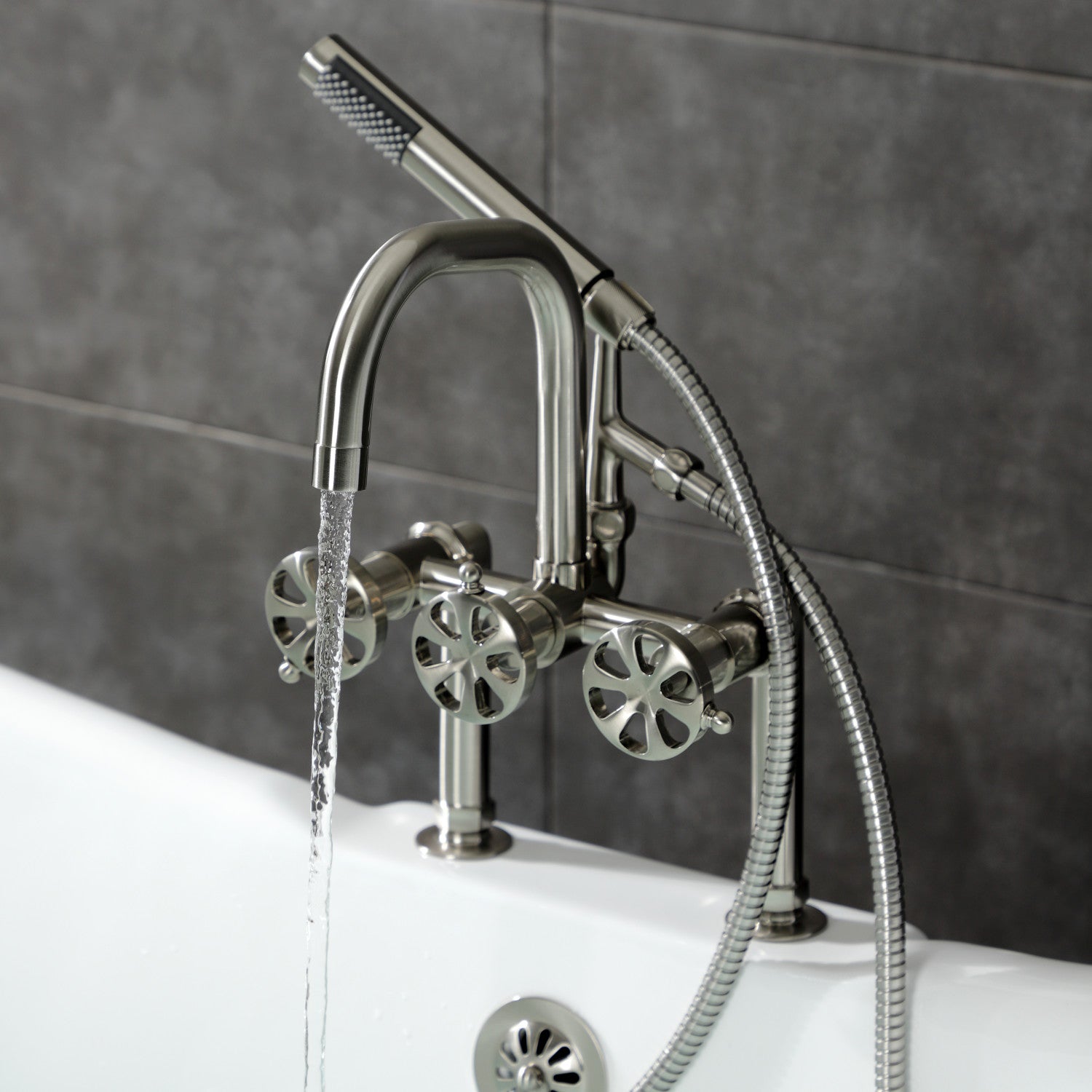 Belknap AE8408RX 3-Handle 2-Hole Deck Mount Clawfoot Bathtub Faucet with Hand Shower in Brushed Nickel - Vintage Style Bathroom Fixture for Classic & Modern Homes