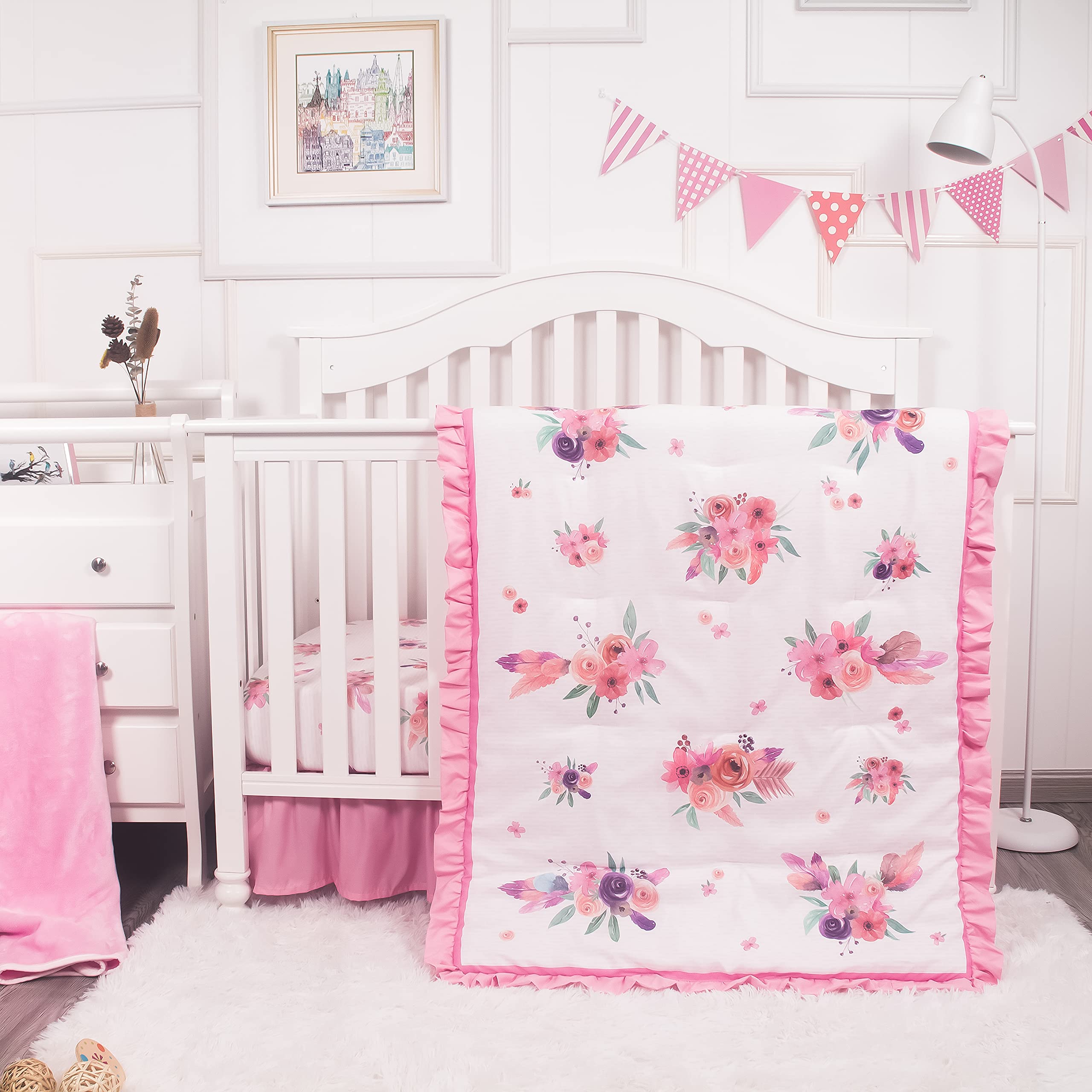 La Premura Baby Crib Bedding Set for Girls - Watercolor Boho Floral 3-Piece Nursery Set (Sheet, Blanket & Skirt) in Pastel Pink & Lilac | Soft & Safe Standard Crib Size for Newborn & Toddler | Perfect for Nursery Decor, Baby Shower Gift & Cozy Sleep