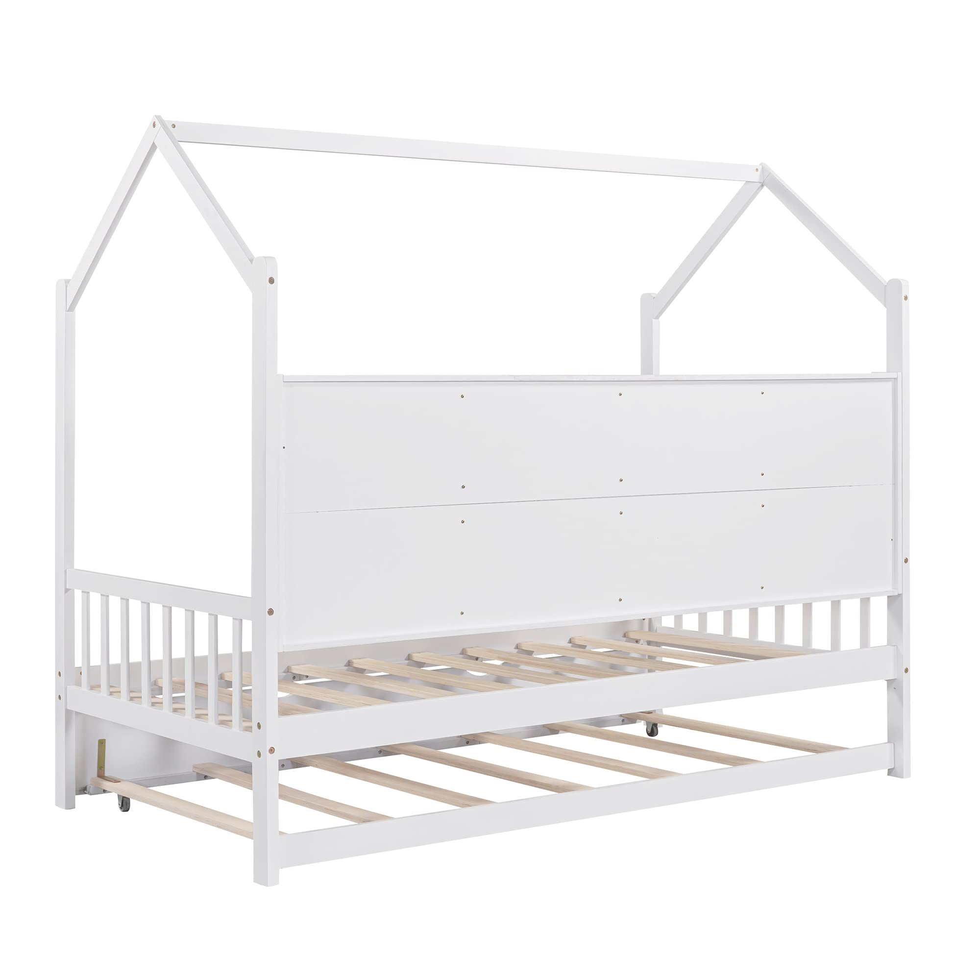 Montessori Twin House Bed with Trundle & Storage - Solid Wood Playhouse Bed Frame with Roof & Tent for Kids, Teens, Boys & Girls - Perfect for Bedrooms, Playrooms & Montessori Learning Spaces (White, Twin Size)