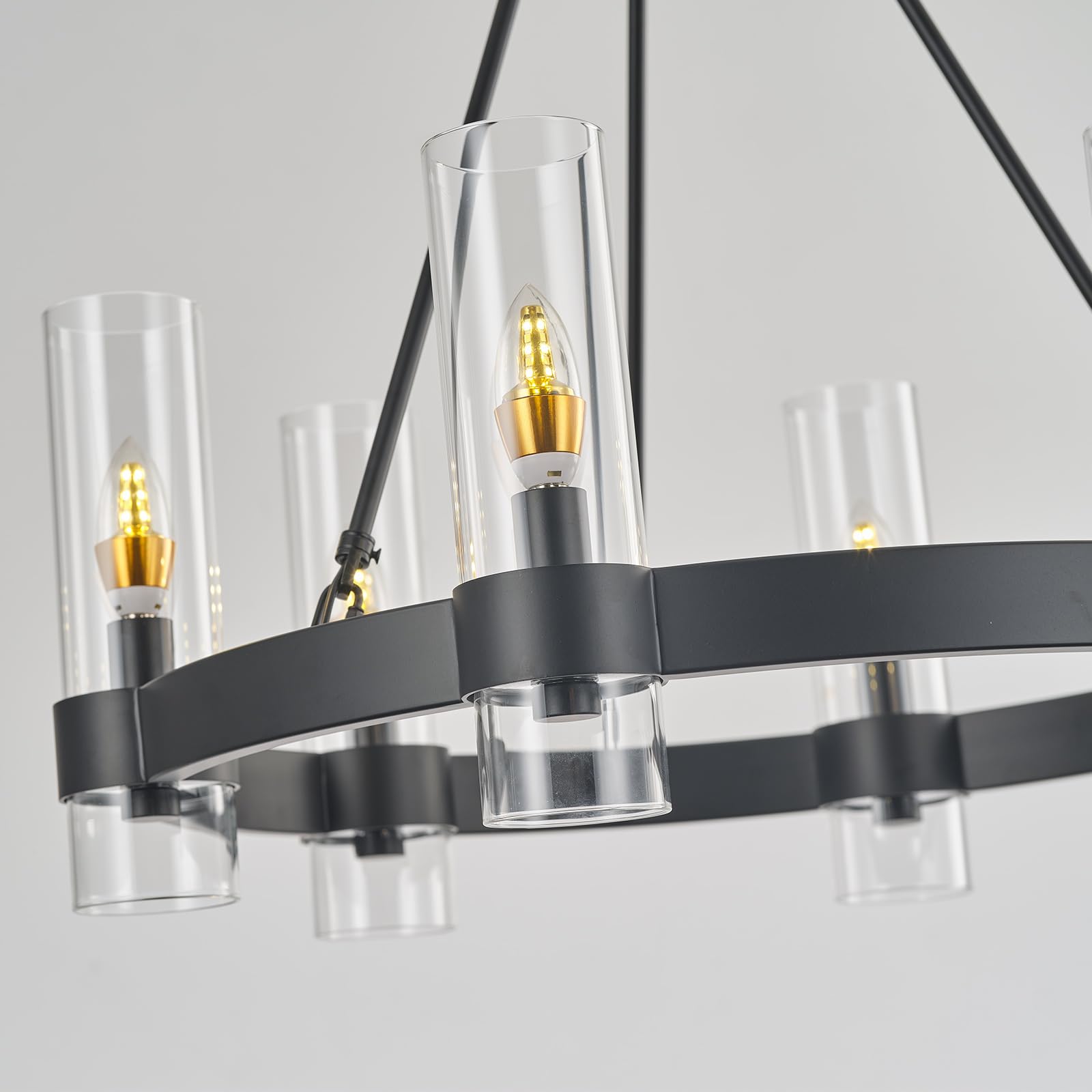 Black Wagon Wheel Chandelier - Modern 6-Light Large Round Farmhouse Chandelier with Glass Shade for Dining Room, Living Room, Bedroom & Entryway | Perfect for Rustic Home Decor & Country Style Interiors