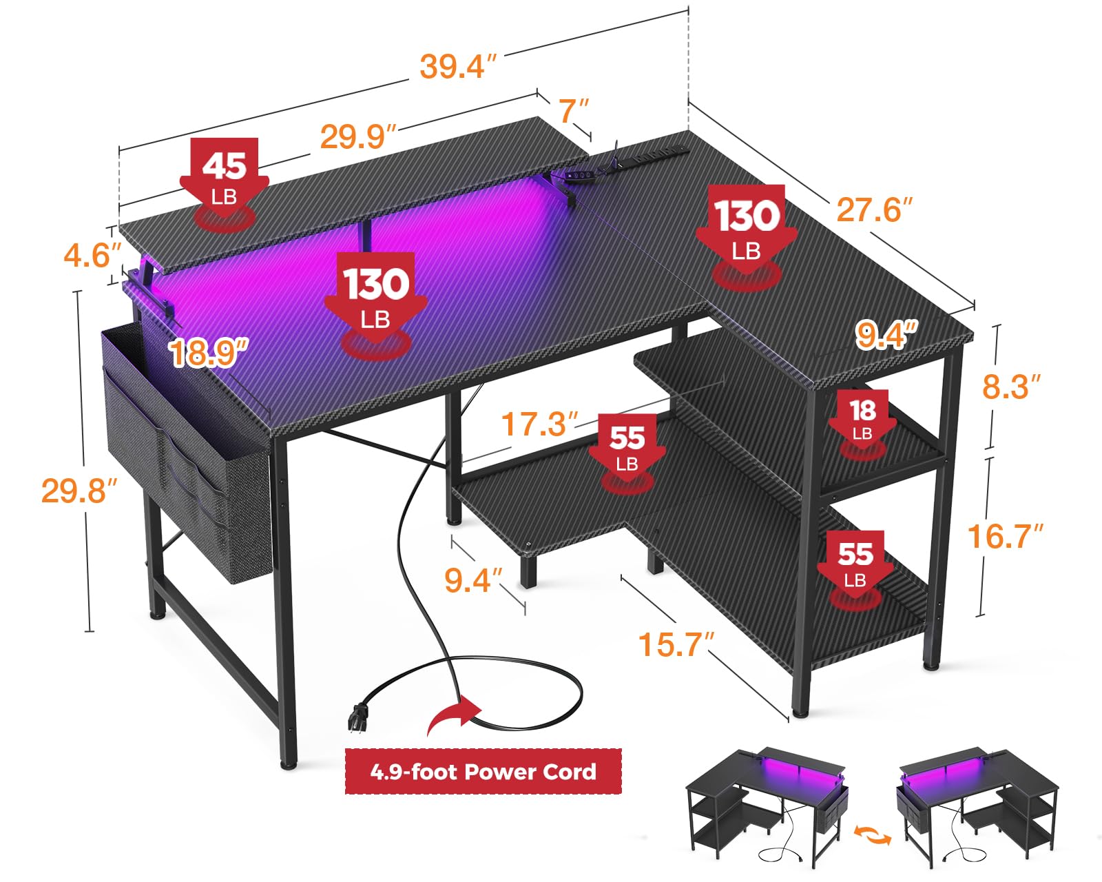 40 Inch L-Shaped Gaming Desk with USB Ports & LED Lights - Carbon Fiber Surface, Black | Reversible Corner Computer Desk with Storage Shelves & Monitor Stand | Perfect for Home Office, Gaming Setup & Workspace Organization