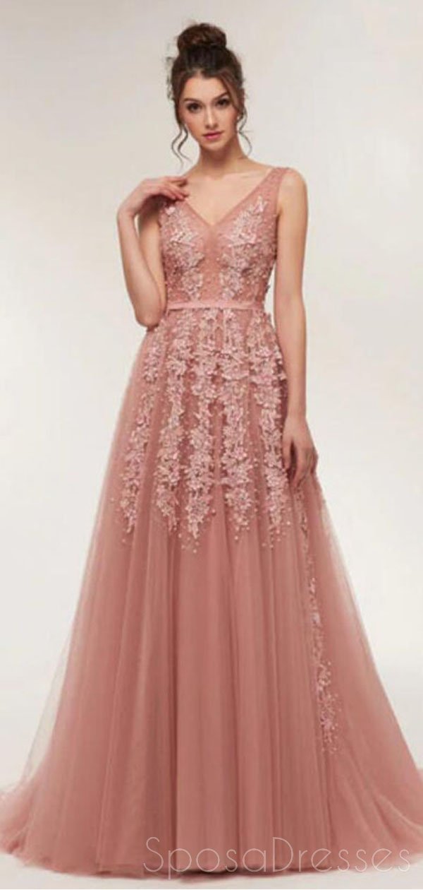 Elegant Dusty Pink V-Neck Lace Beaded Long Evening Gown - Custom Sweet 16 Prom Dress for Women | Perfect for Formal Dances, Quinceañeras & Special Occasions
