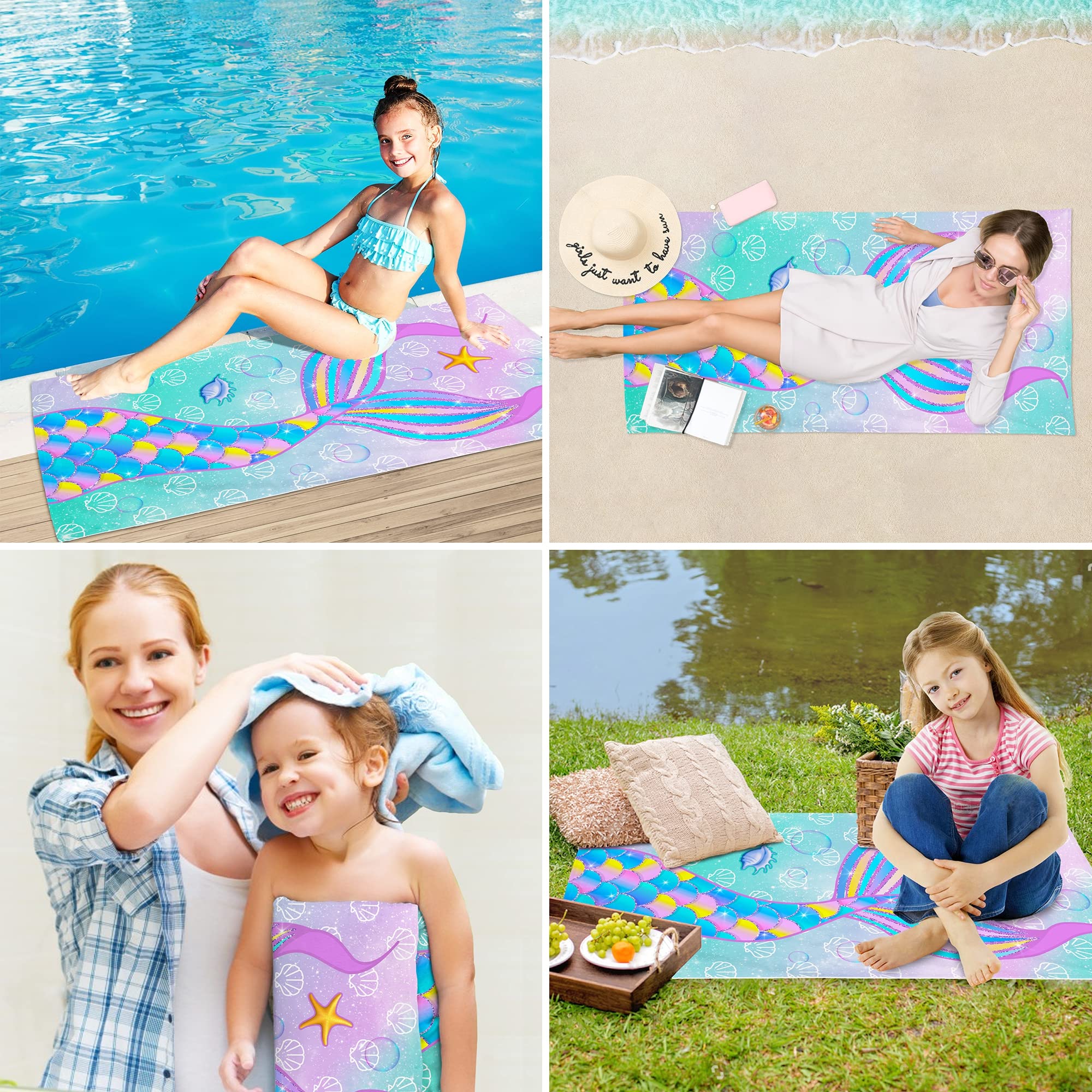 Premium Microfiber Mermaid Beach Towel 30x60 - Quick Dry Sand-Free Bath Towel for Women & Kids - Perfect for Beach, Pool, Yoga, Travel - Teal Mermaid Tail Design - Great Gift for Mermaid Lovers
