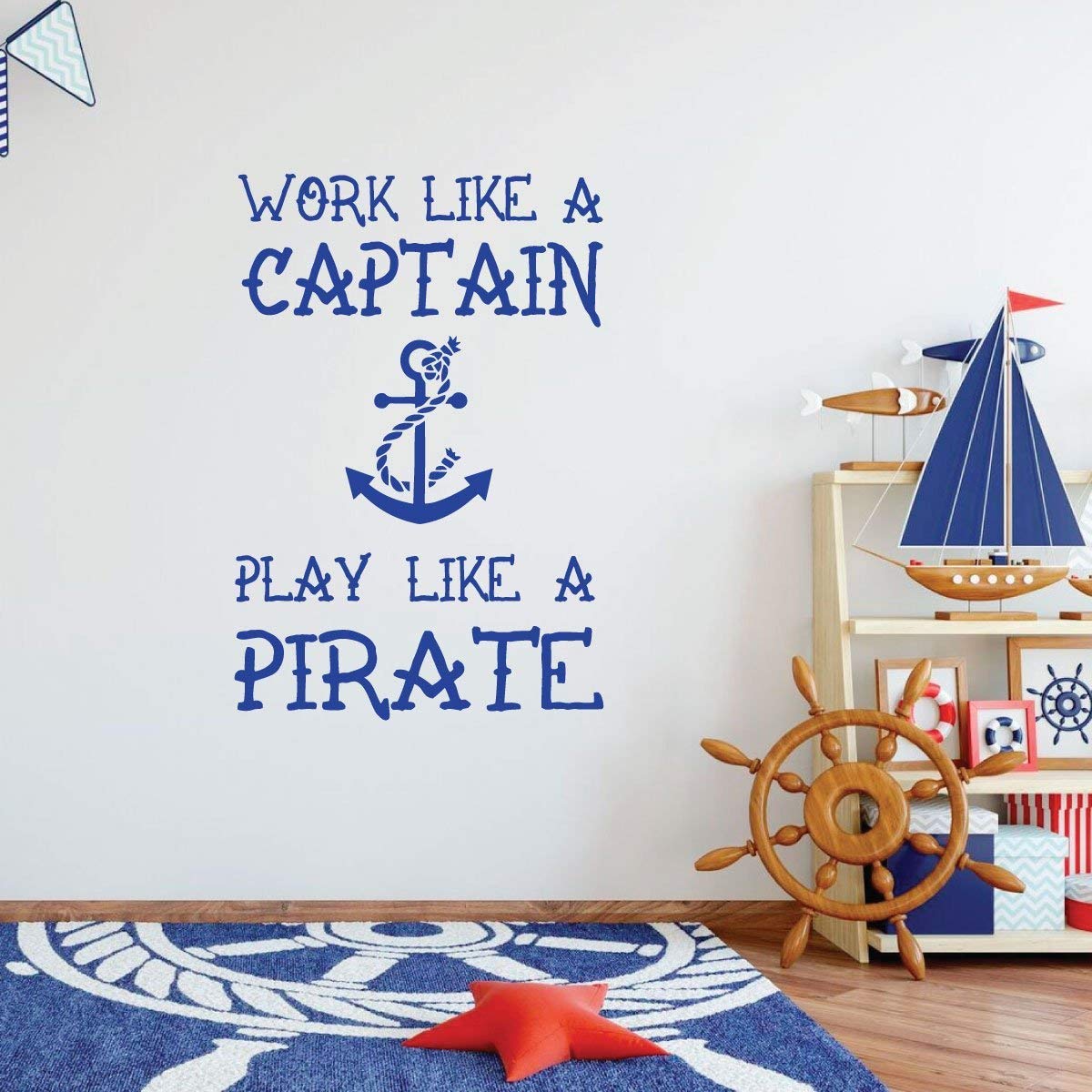 Playroom Wall Decal - Work Like A Captain Play Like A Pirate - Removable Vinyl Wall Art for Kids' Bedroom, Nursery & Children's Room Decor - Perfect for Pirate Themed Birthday Parties & Nursery Wall Stickers