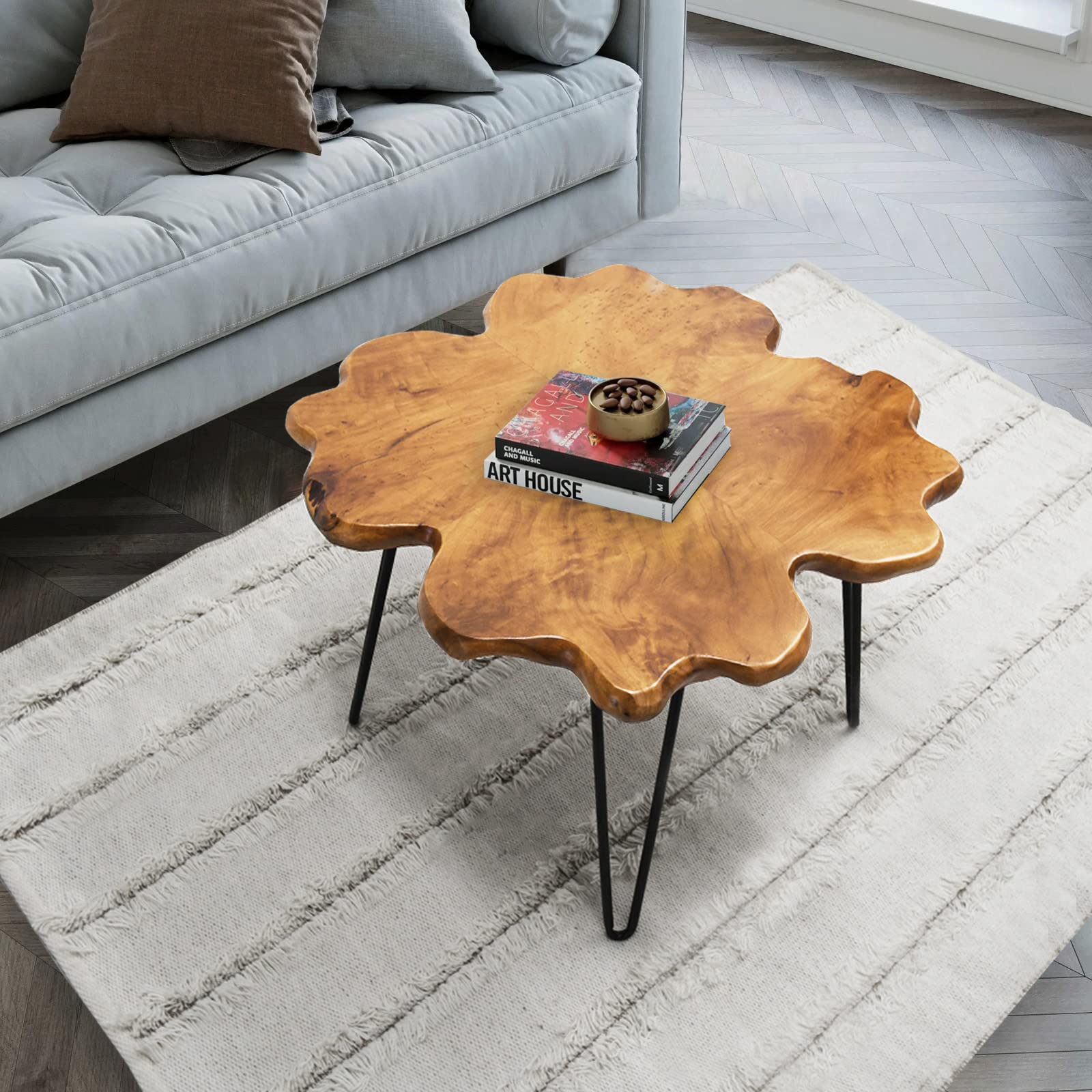Rustic Cedar Wood Coffee Table with Four-Leaf Clover Pattern - 27