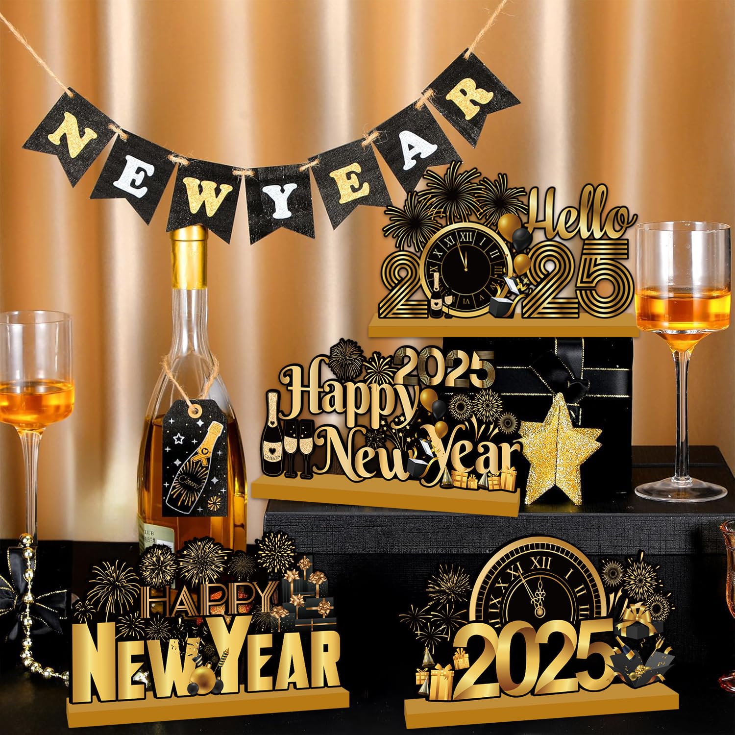 4 Pcs Happy New Year 2025 Wooden Table Centerpieces - Black Gold New Year Party Decorations for New Year's Eve, Christmas, Home & Office Celebrations