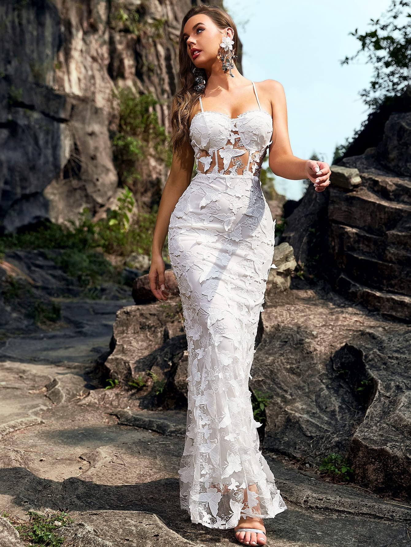 Butterfly Appliques Lace Up Guipure Lace Maxi Cami Prom Dress for Women - White Small | Elegant Formal Gown for Evening Parties, Weddings & Special Occasions