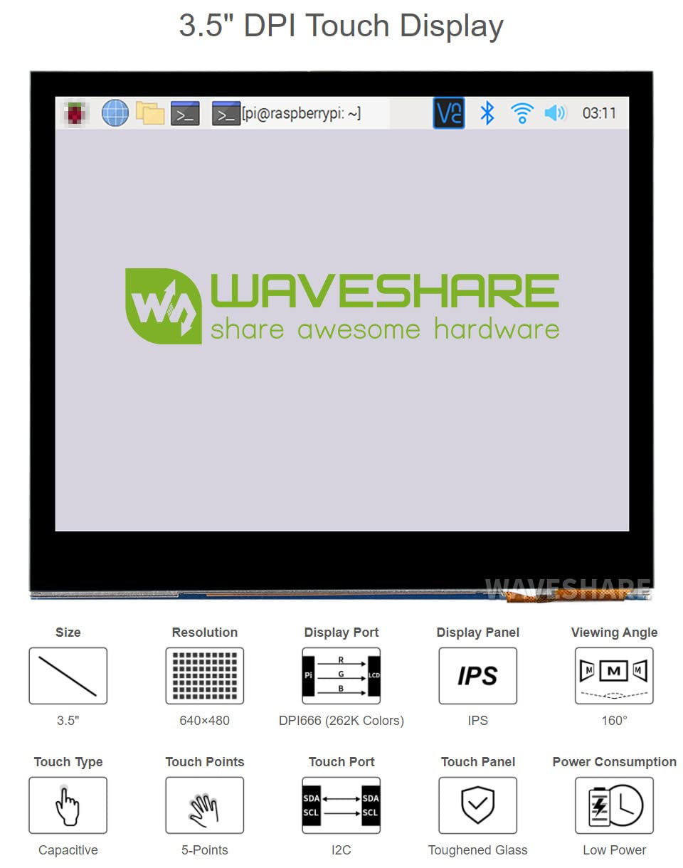 Waveshare 3.5 Inch Capacitive Touch Screen LCD Display for Raspberry Pi - IPS Monitor with 640×480 Resolution, DPI Interface, Tempered Glass Cover & Low Power Consumption - Perfect for DIY Projects, Smart Home Control & Embedded Systems