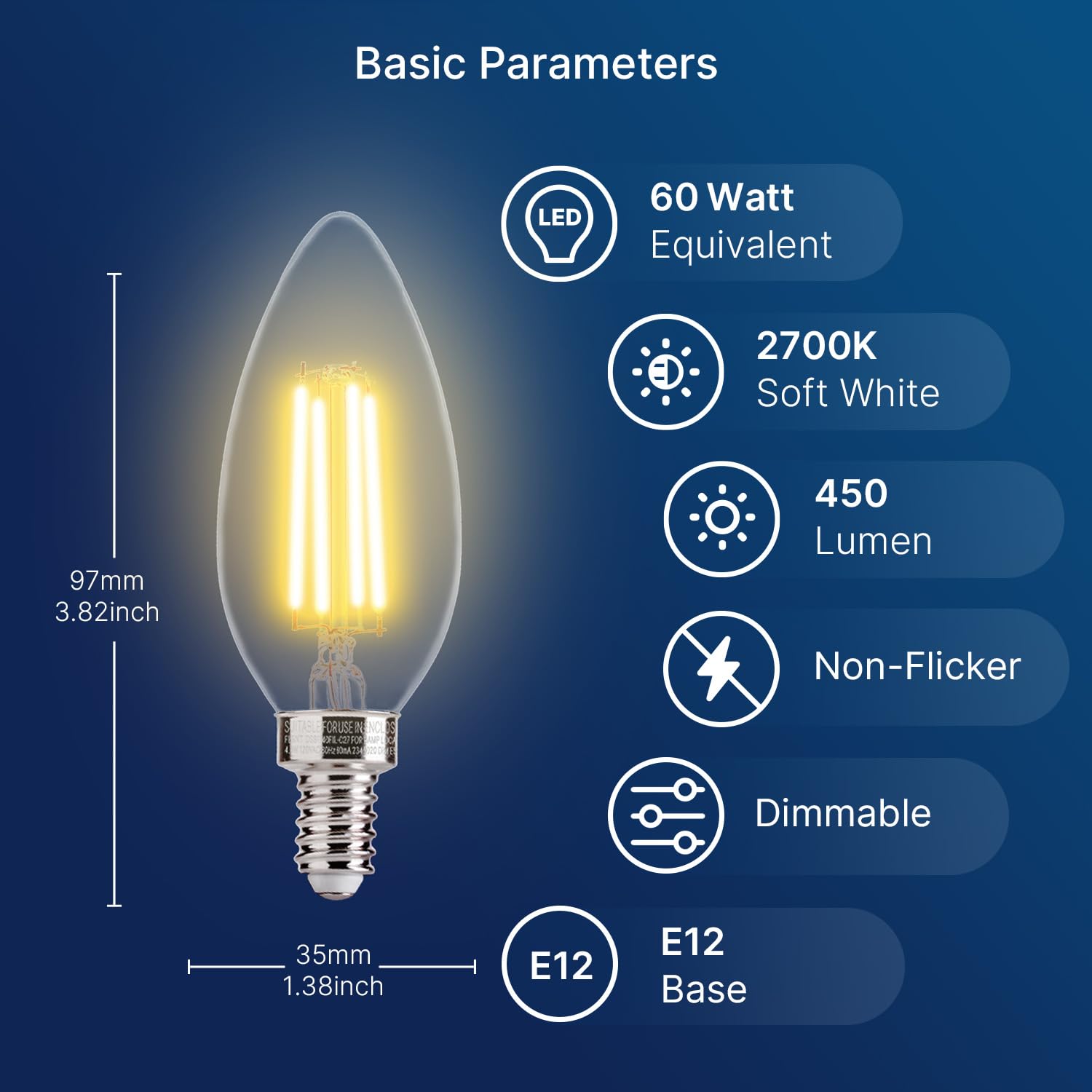 60W Equivalent LED Chandelier Light Bulbs - Dimmable E12 Base, Clear B11 LED Filament Candelabra Bulbs (2700K Soft White, 6 Pack) - Perfect for Dining Room, Bedroom, and Vintage Style Lighting