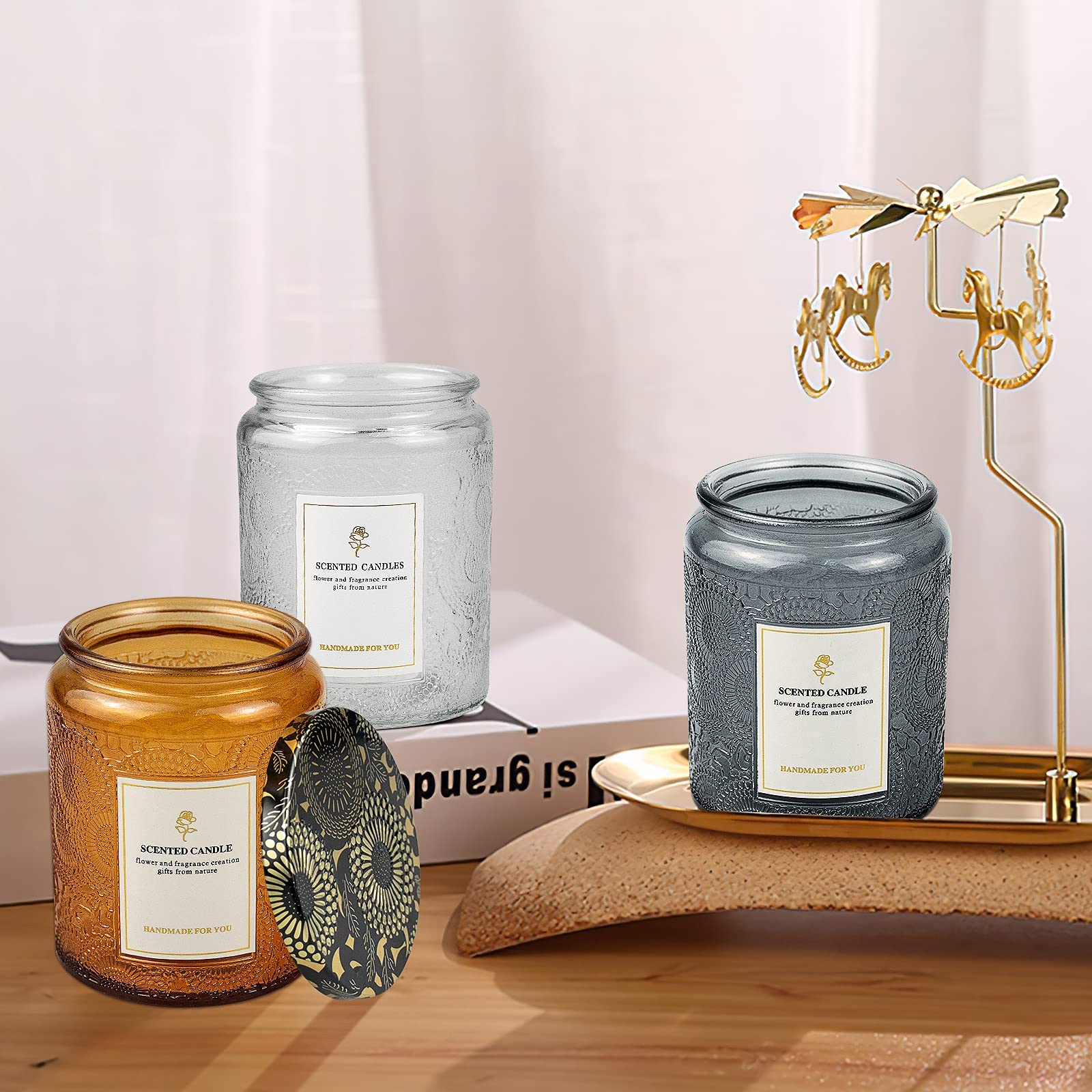8.8OZ 9 Pack Embossed Glass Candle Jars with Tin Lids - DIY Candle Making Supplies with Warning Labels & Stickers - Perfect for Home Decor, Wedding Favors, and Craft Projects (Assorted Designs)