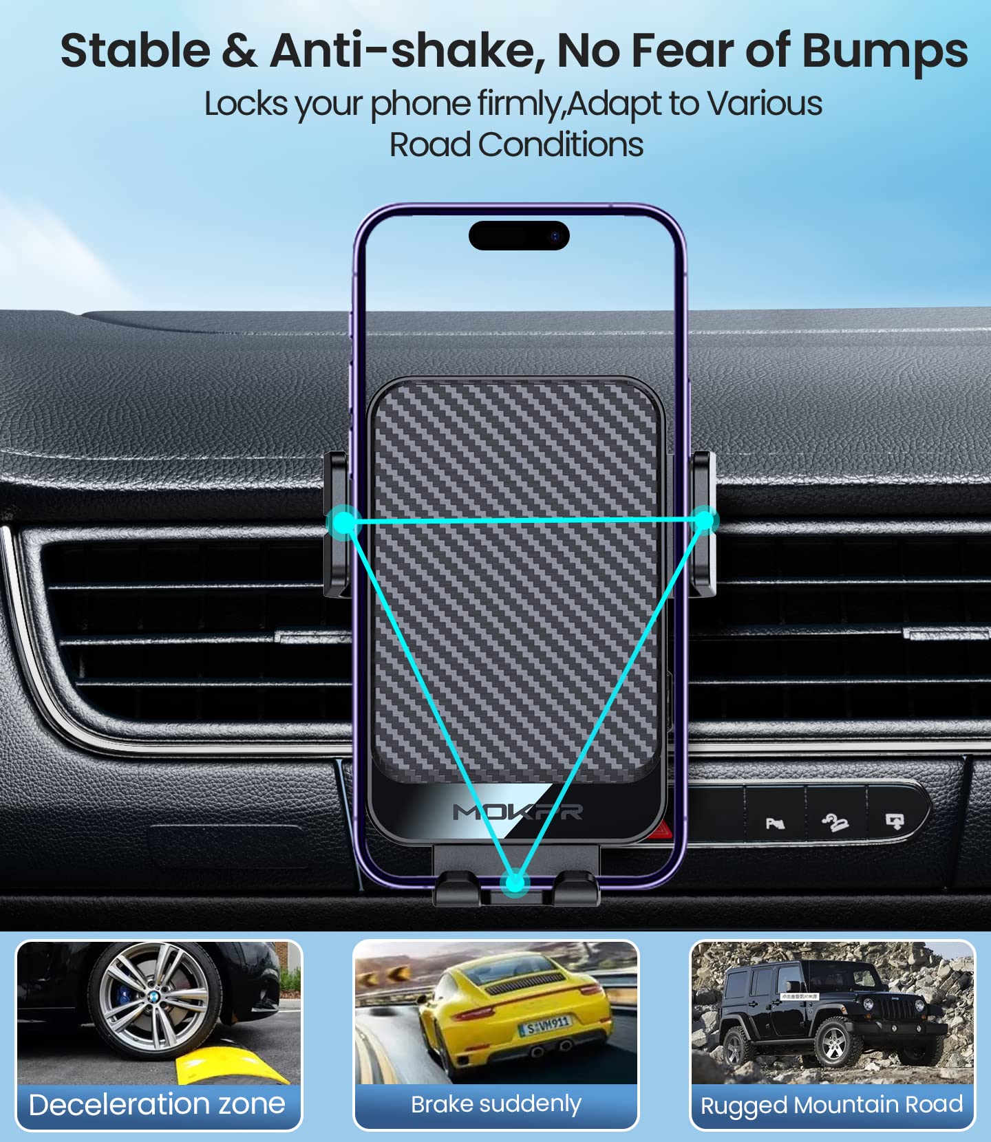 MOKPR 15W Fast Wireless Car Charger - Auto-Clamping Universal Car Mount for iPhone 16/15/14/13/12, Samsung S23/S22/S21 - Hands-Free Charging for Dashboard, Windshield & Air Vent - Perfect for Commuting, Road Trips & GPS Navigation