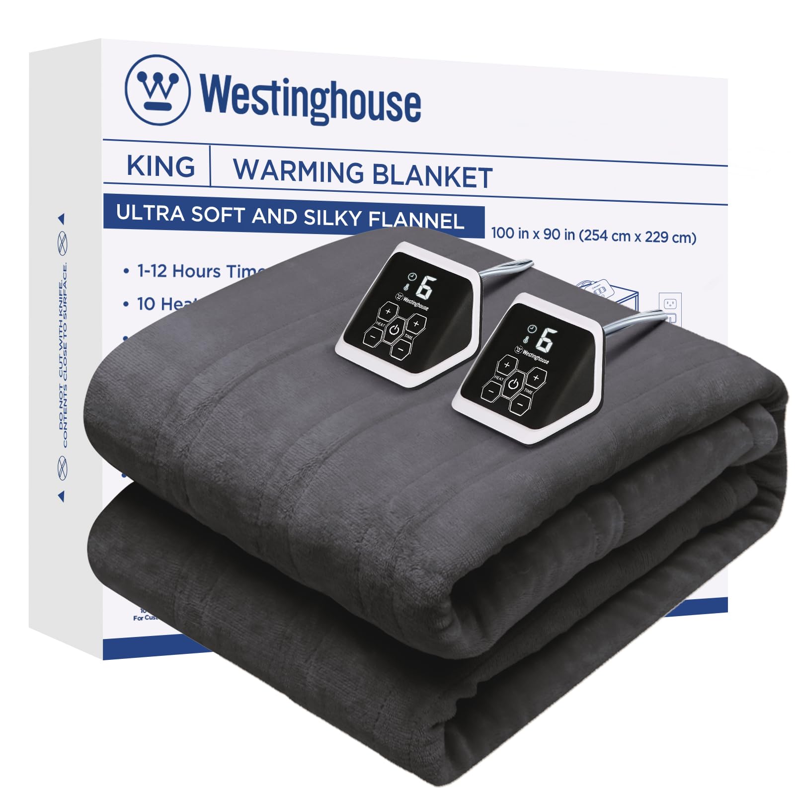 Westinghouse King Size Electric Heated Blanket - 10 Heat Settings, Auto Shut Off, Fast Warming, Machine Washable (100x90 Inches, Charcoal) - Perfect for Cold Winter Nights, Bedroom Comfort & Cozy Home Relaxation