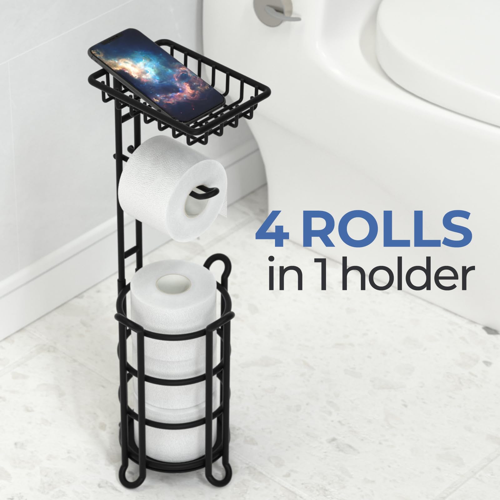 TreeLen Toilet Paper Holder Stand with Shelf - Matte Black Bathroom Tissue Roll Dispenser for Mega Rolls | Space-Saving Storage Solution for Small Bathrooms & Powder Rooms