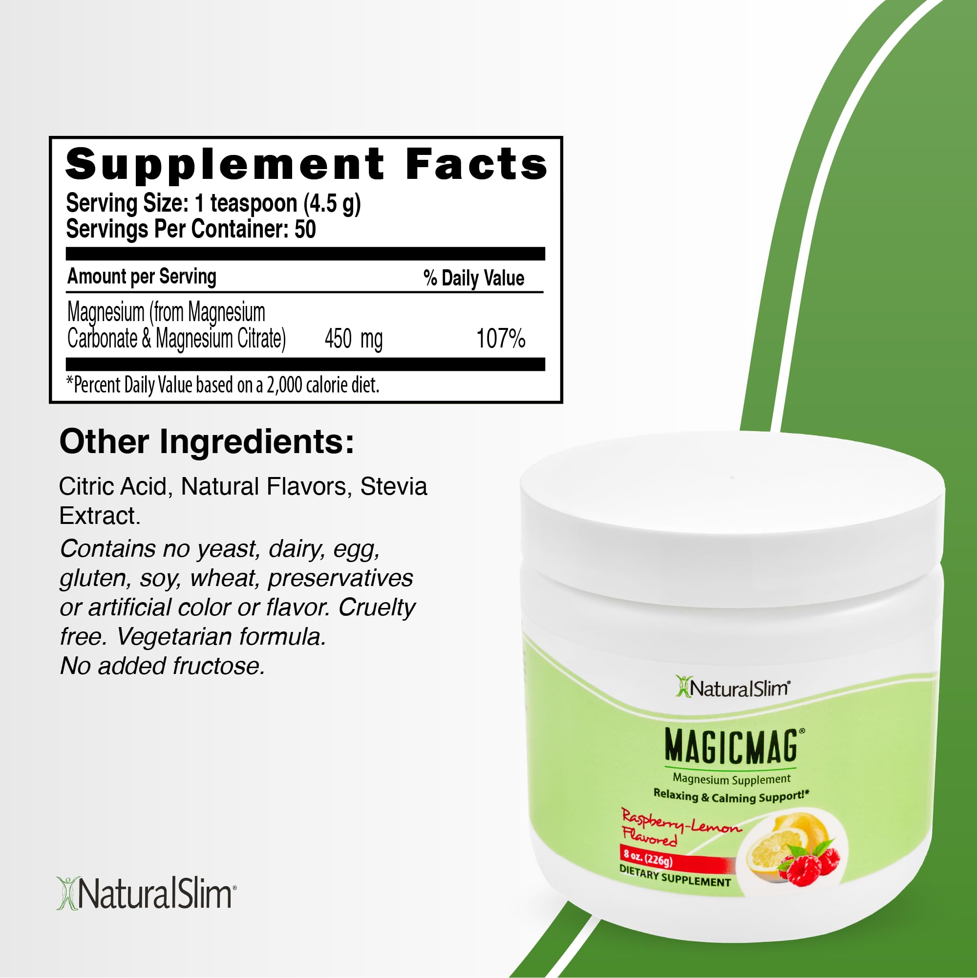 NaturalSlim MagicMag Pure Magnesium Citrate Powder Supplement - Stress Relief, Constipation Support, Muscle & Heart Health, Sleep Aid | Raspberry Lemon Flavor Drink Mix (8oz) for Active Lifestyles & Wellness Routines