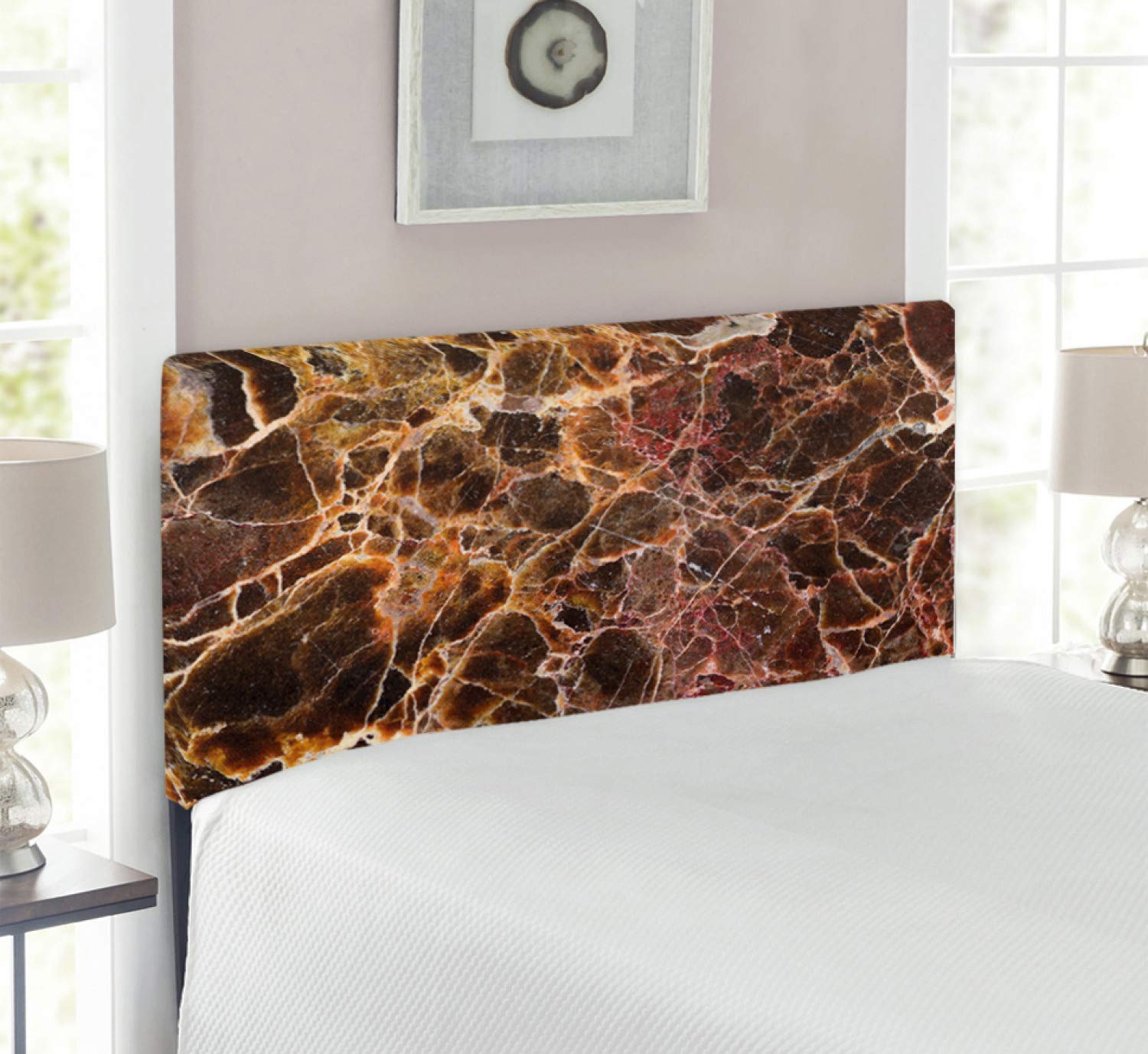 Lunarable Twin Size Upholstered Metal Bed Headboard with Memory Foam - Earthen Toned Marble Design & Motley Stripes, Chocolate Cinnamon - Perfect for Modern Bedroom Decor & Guest Room Styling