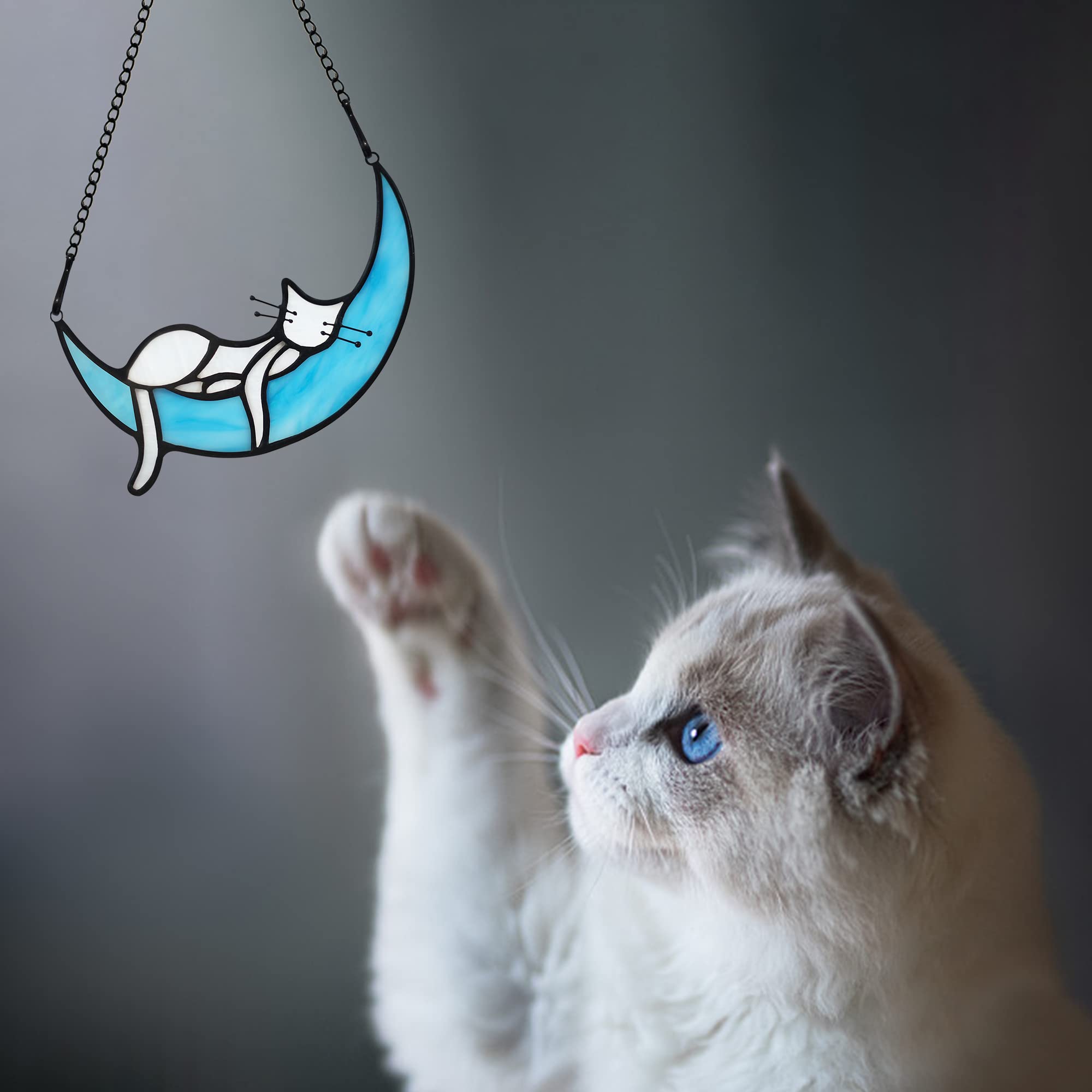 White Cat on Moon Stained Glass Window Hanging - Handmade Cat Memorial Gift for Cat Lovers, Elegant Suncatcher Decor for Kitchen, Bedroom, or Office - Perfect Birthday Gift for Mom, Grandma & Aunt - Creates Beautiful Rainbow Reflections in Sunlight