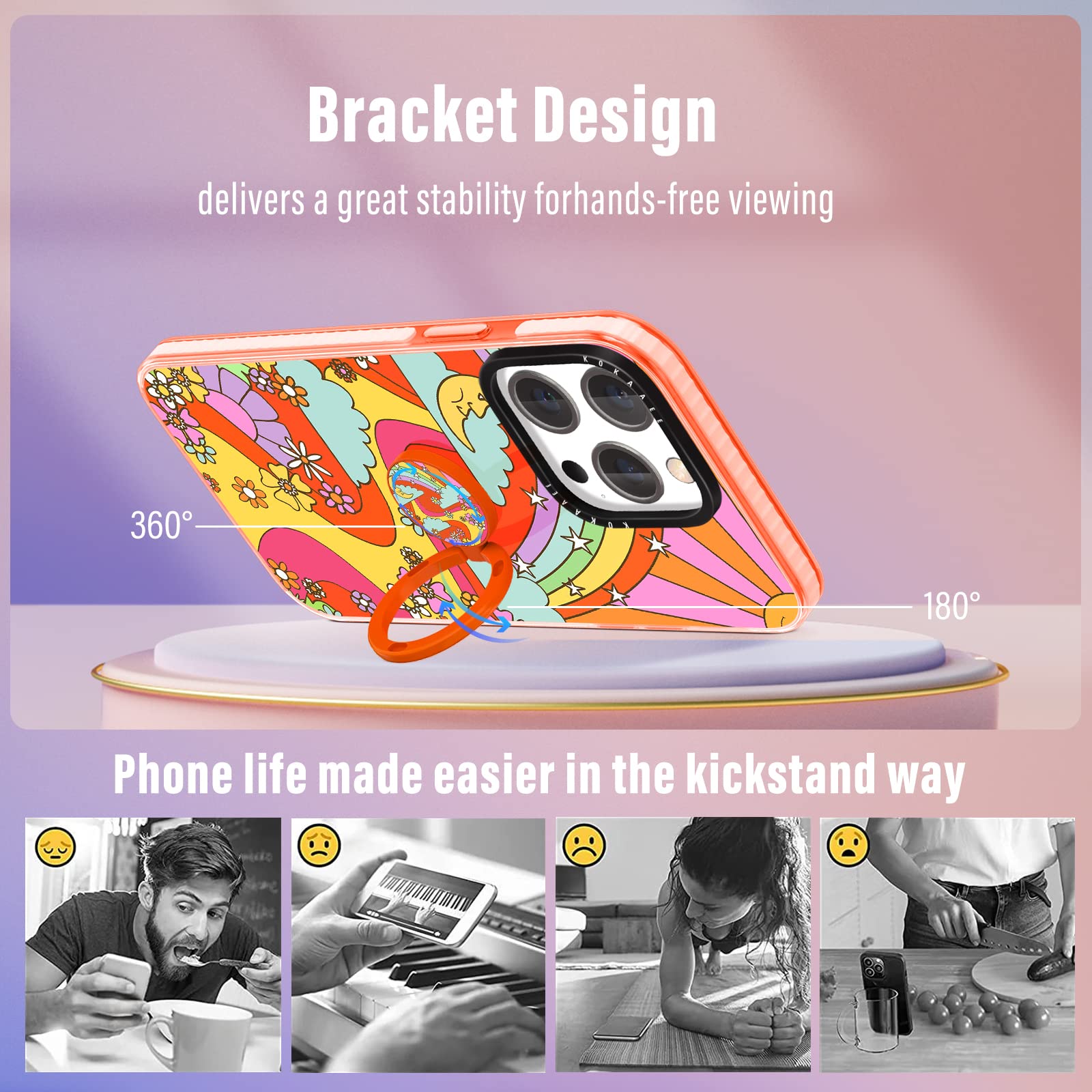 2 in 1 iPhone 14 Pro Case with Ring Holder - Rainbow Girly Cute Retro Floral Design Soft TPU Bumper Cover for Women & Girls (6.1