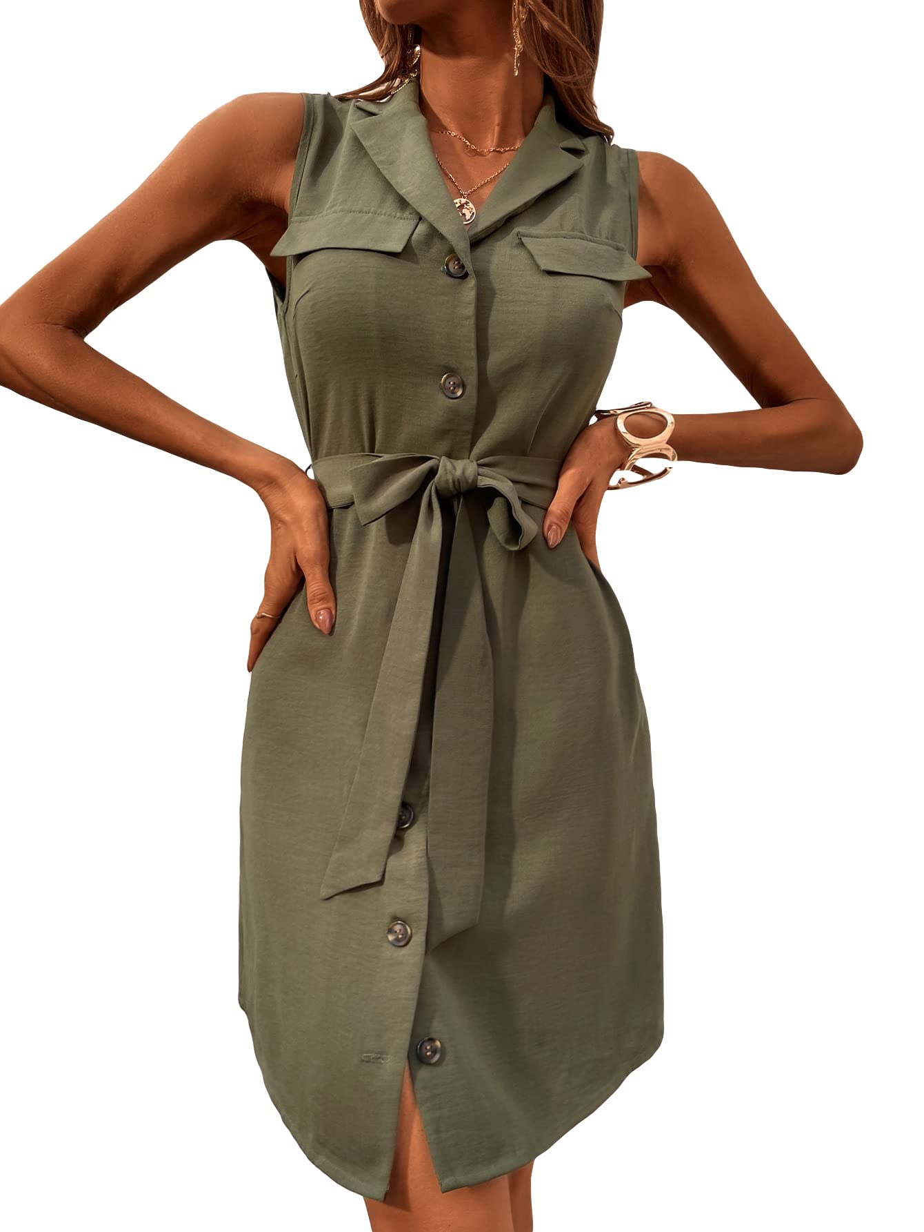 WDIRARA Women's Summer Sleeveless Button Down Shirt Dress with Belt - Casual Flowy Midi Dress for Beach, Office & Date Night Outfits