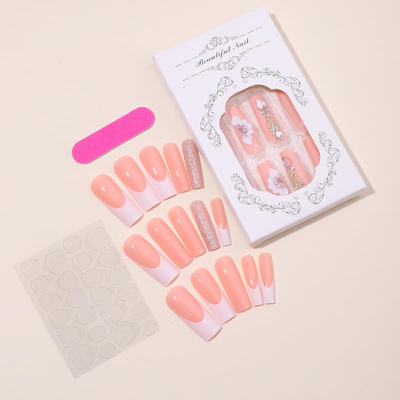 Long Coffin Press On Nails with Glitter & Rhinestones - 24pcs Fake Nails for Mother's Day Gift | Perfect for Parties, Weddings & Special Occasions