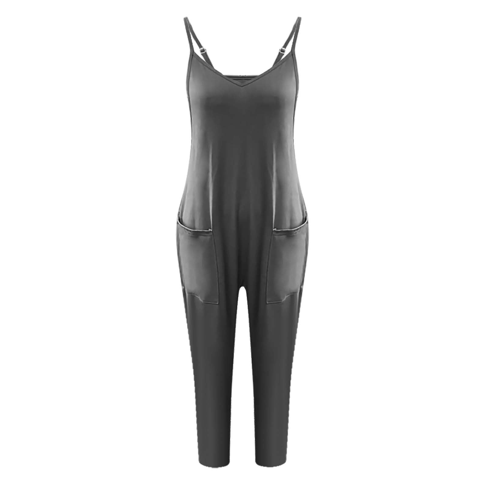 Best Sellers 2024 Women's V-Neck Sleeveless Loose Spaghetti Strap Romper - Baggy Jumpsuit with Pockets | Casual Summer Overalls for Women (Large, Gray) | Perfect for Beach Outings, Music Festivals & Everyday Comfort
